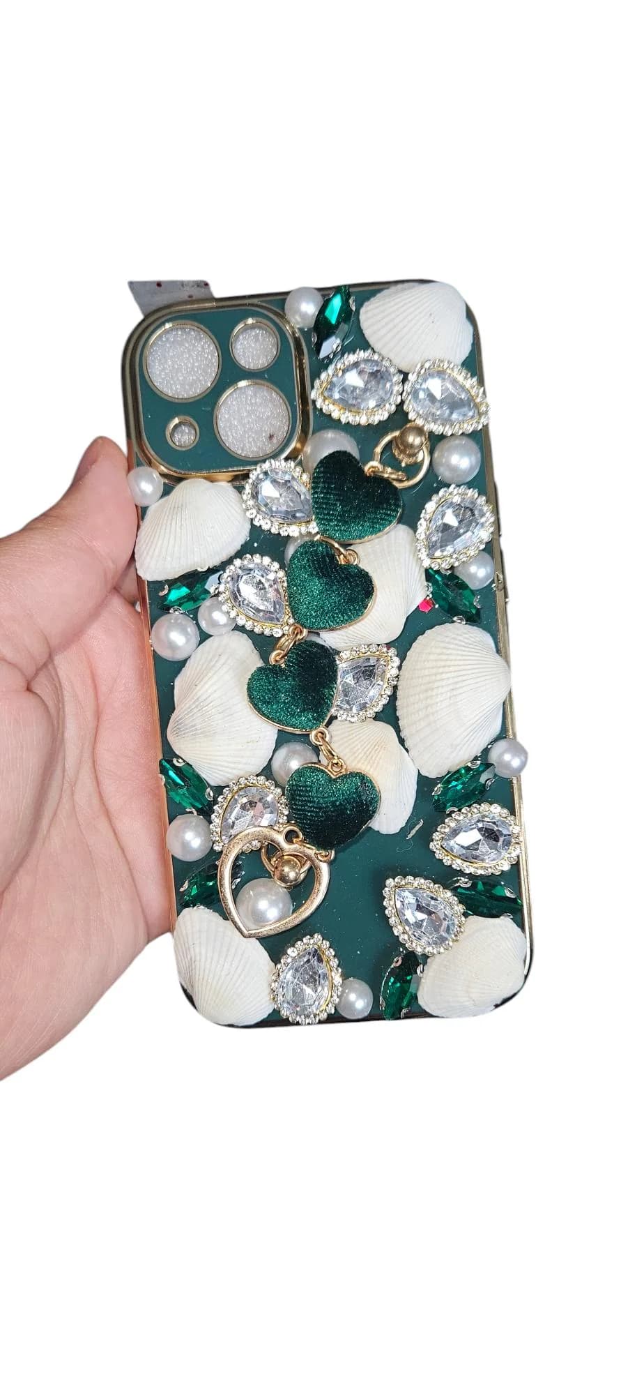 Handcrafted Embellished iPhone 15 Case, Golden Touch Pearls