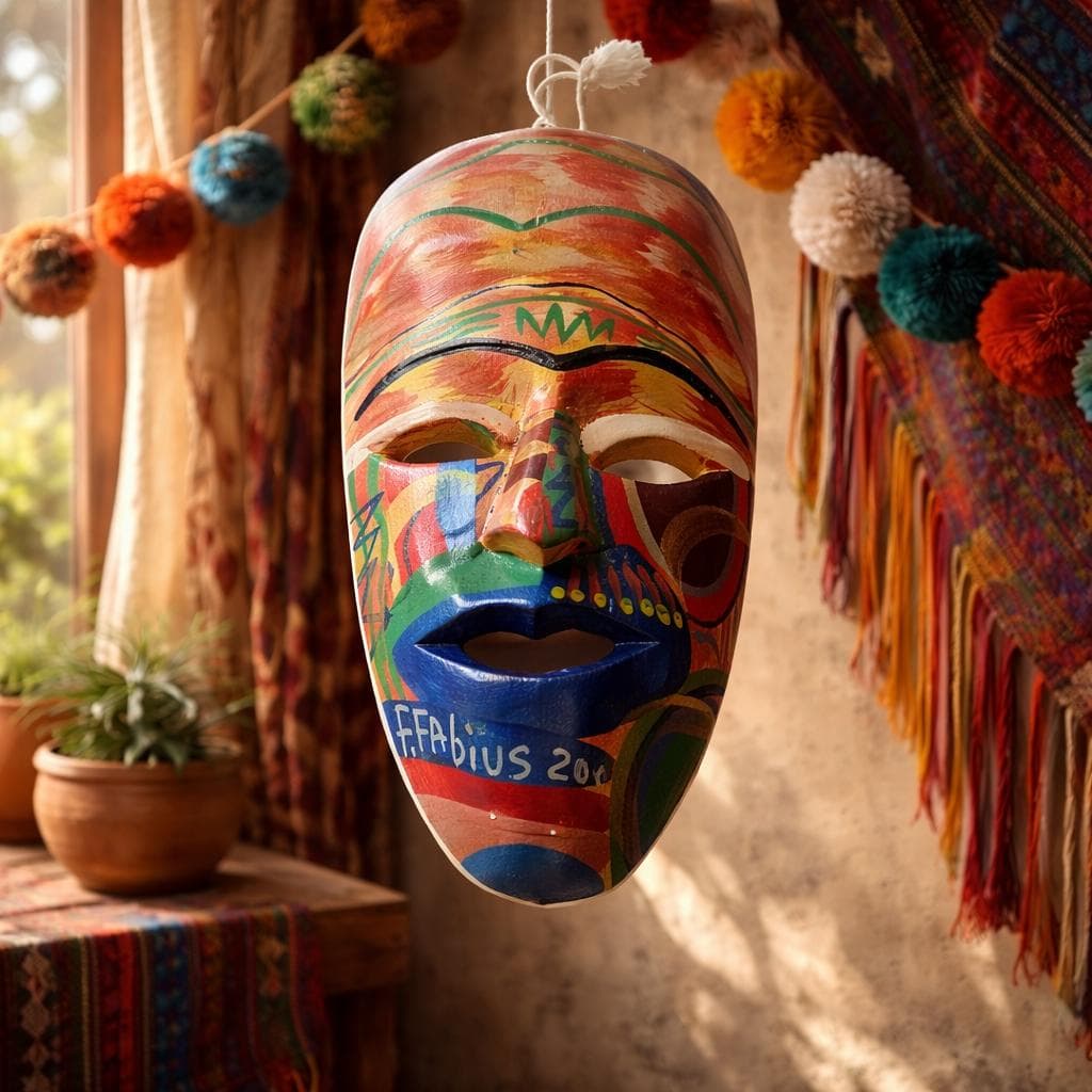 Vintage Handcarved Wood Mask, F.Fabius 2000, Bohemian Decor - image 5
