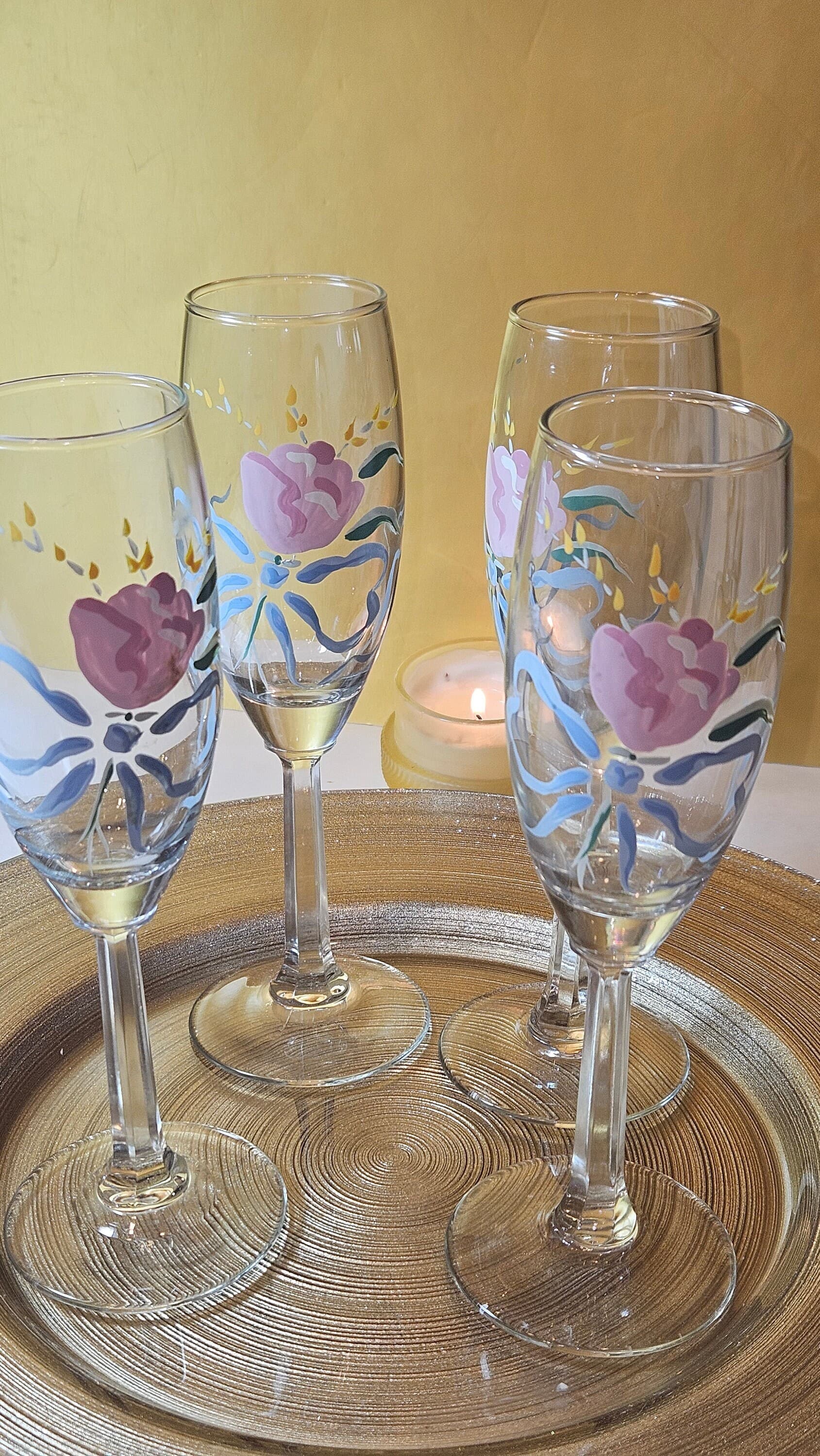 Vintage  Masterpiece Hand Painted French Country Shabby Chic Floral Design Flutes Glassware, Anniversary Wedding, Christmas Glassware - image 5