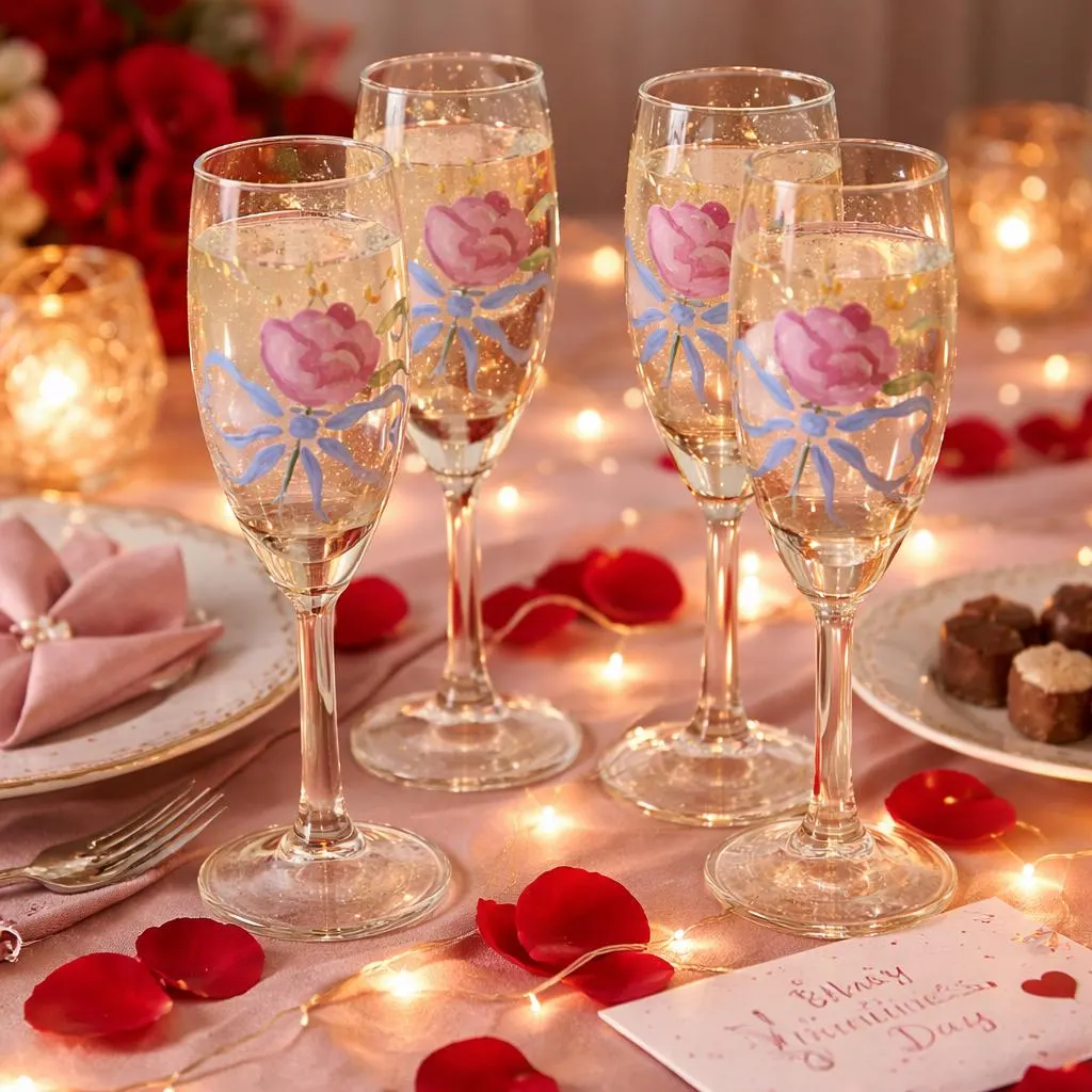 Vintage  Masterpiece Hand Painted French Country Shabby Chic Floral Design Flutes Glassware, Anniversary Wedding, Christmas Glassware - image 2
