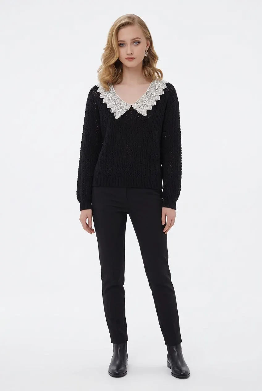 Victorian Vintage David Brett Black Knit Croched Whimsical Grannycore Spring Easter Cottagy Elegant Boho Chic Y2K Sweater Made In USA L/XL