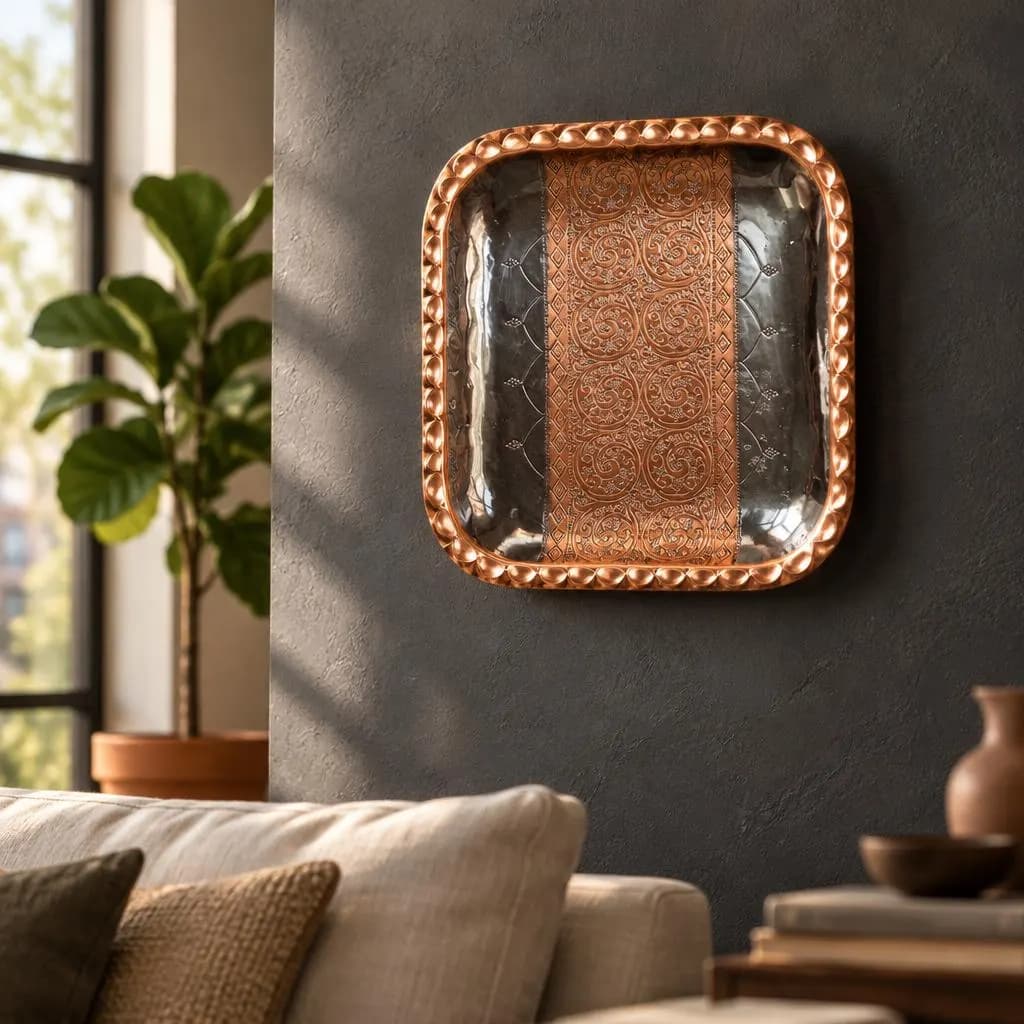 A Vintage Square Handcrafted Metallic Tray,  Embossed Copper-Toned Floral Geometric Patterns Wall Hanging Decor - image 4