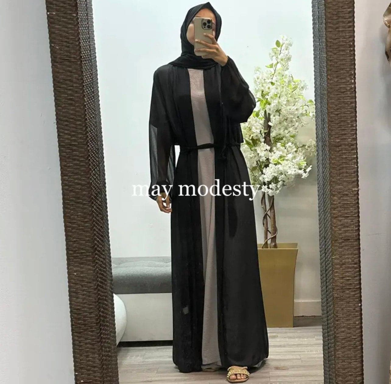 chiffon open abaya with belt - image 3