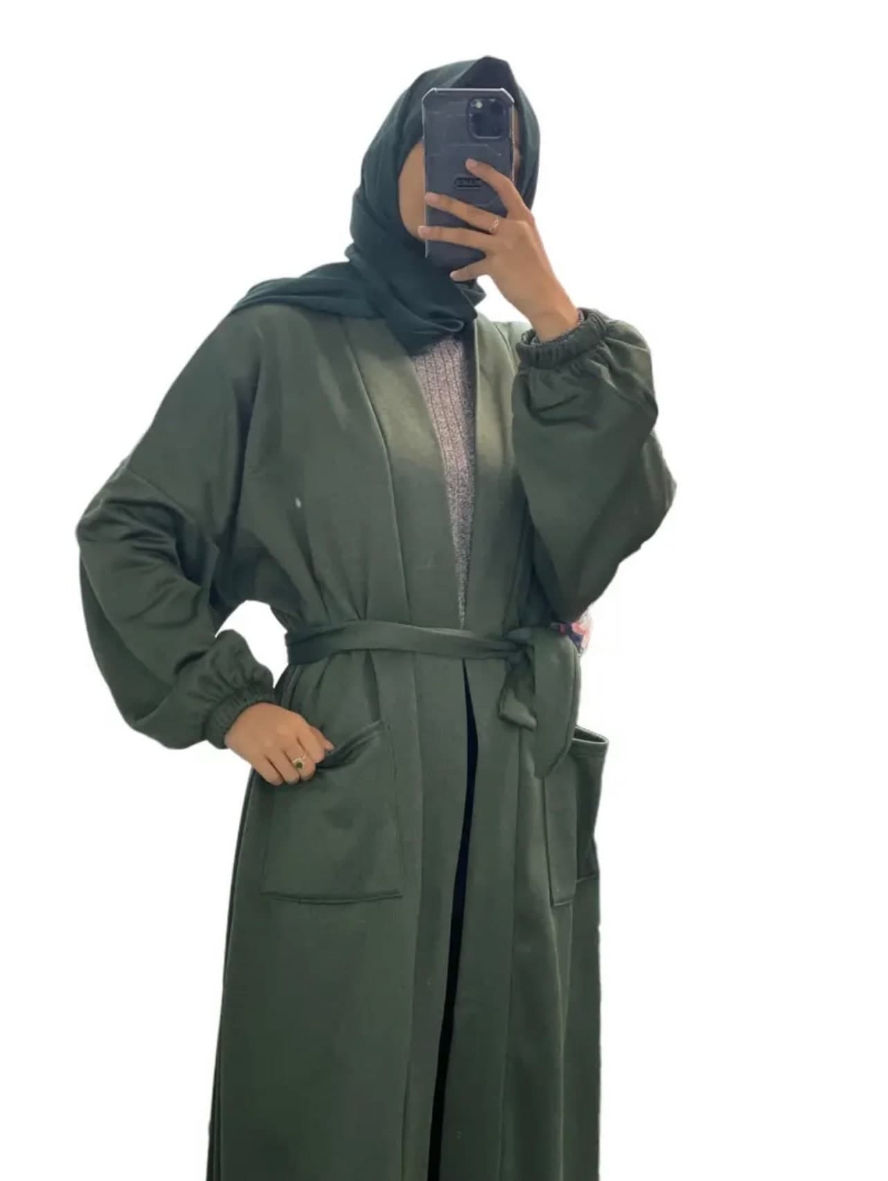 May modesty : ladies Open pocket textured coat with inside fleece and belt