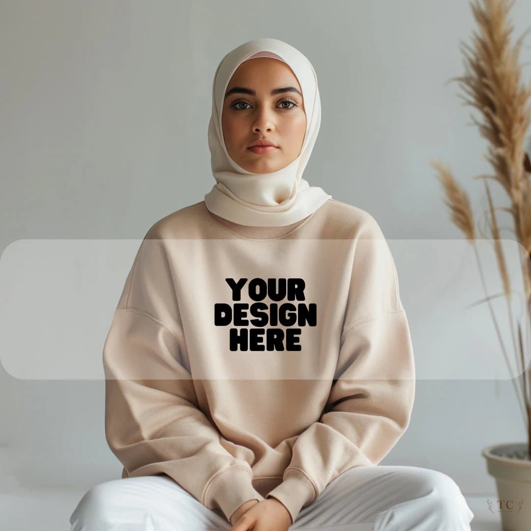 Gildan 18000 Sand Color Mockup Aesthetic Print on Demand  Muslim Model In Hijab  Digital Download image 1