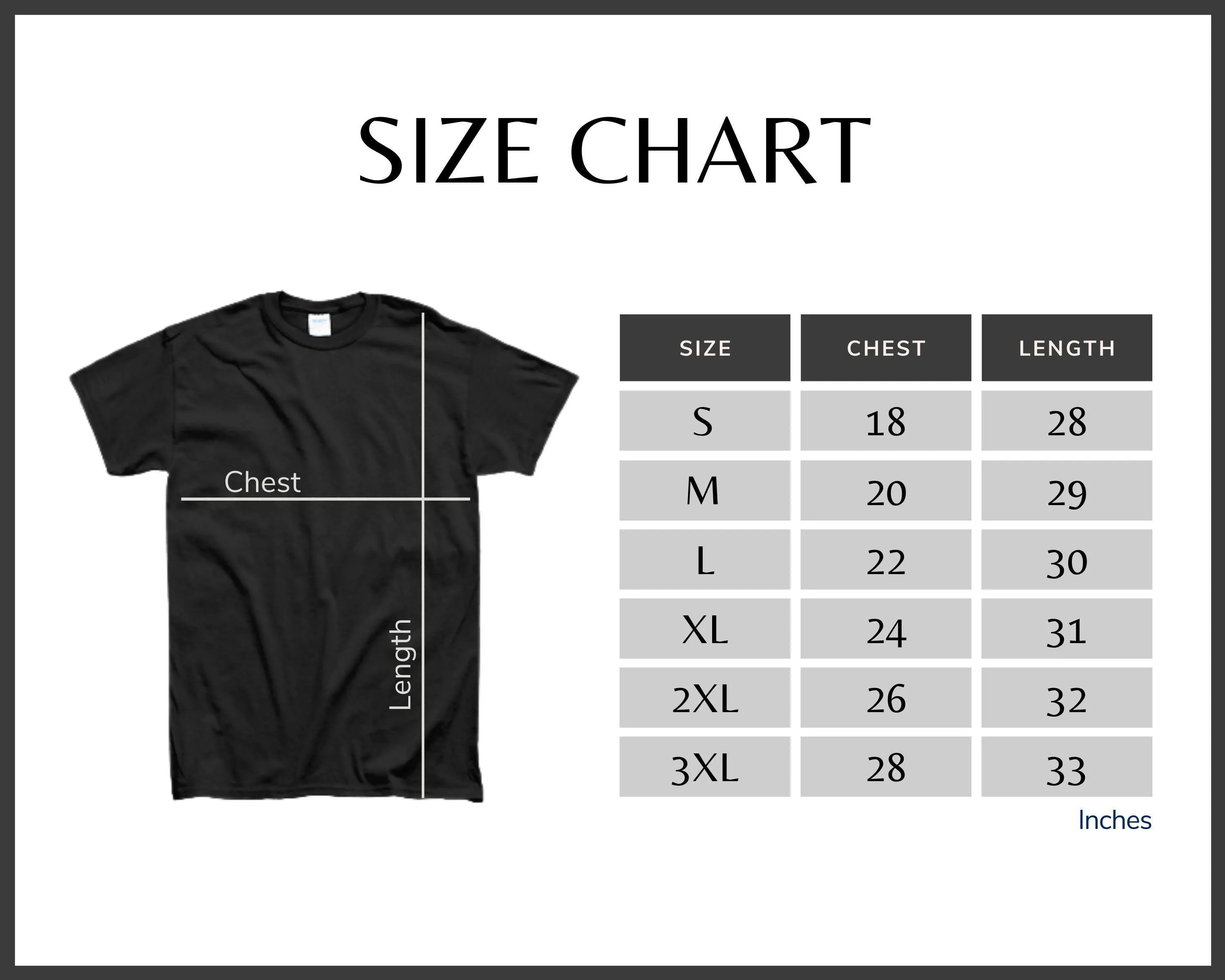 a black t-shirt with measurements and a size chart for different chest sizes.