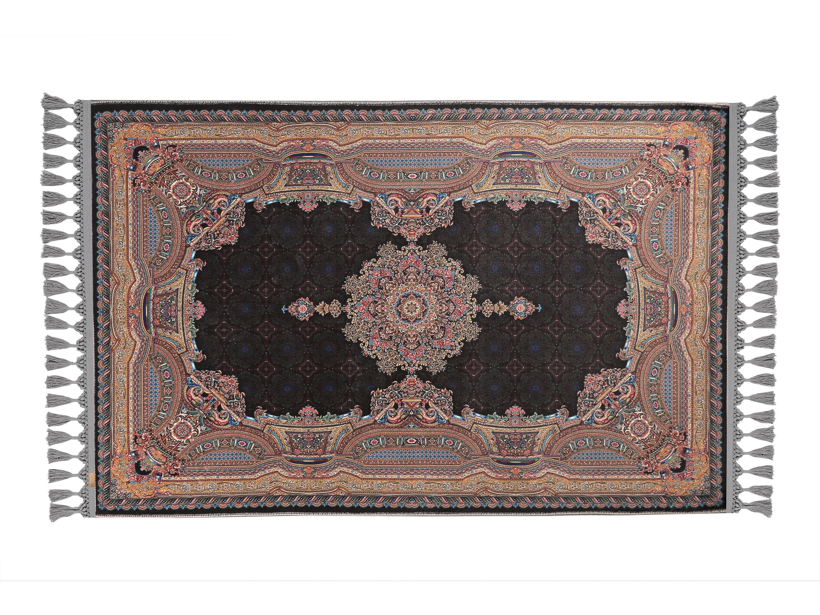 Turkish prayer rug with a black and brown medallion design, made of soft cotton woven base with non-slip backing. Measures 80x125 cm (31.5"x49.2"), 7 mm thick, and weighs 1.738 kg. Inspired by traditional Turkish carpet motifs, it showcases elegant Islamic style with hand-knotted fringes. Ideal for daily prayers at home, travel, or mosque. A meaningful gift for weddings, Ramadan, Eid, or Hajj. Optional name personalization and custom sizing available.