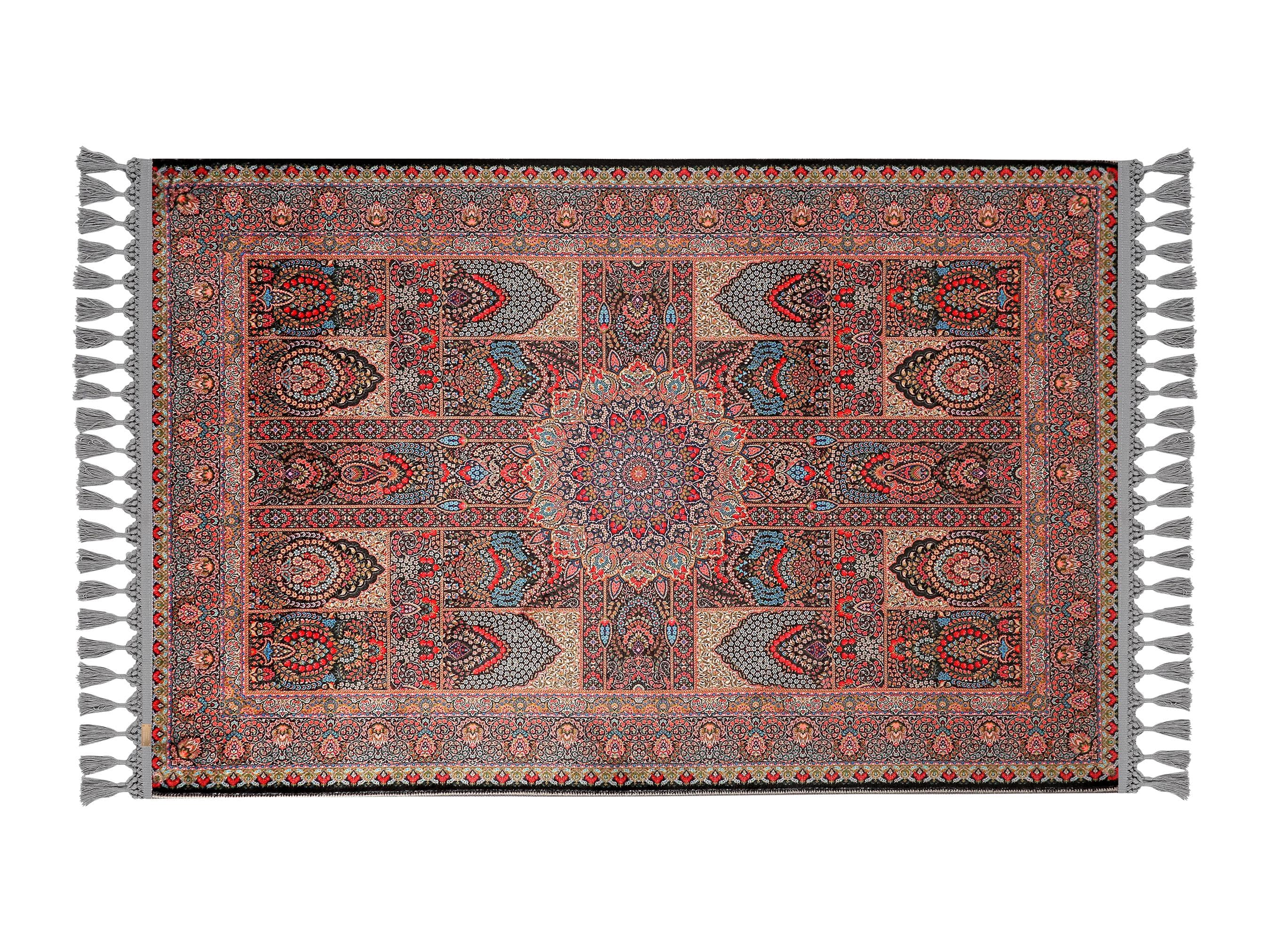 Turkish prayer rug with a multicolor patchwork style design, made of soft cotton woven base with non-slip backing. Measures 80x125 cm (31.5"x49.2"), 7 mm thick, and weighs 1.738 kg. Inspired by traditional Anatolian textile art, it showcases elegant Islamic style with hand-knotted fringes. Ideal for daily prayers at home, travel, or mosque. A meaningful gift for weddings, Ramadan, Eid, or Hajj. Optional name personalization and custom sizing available.
