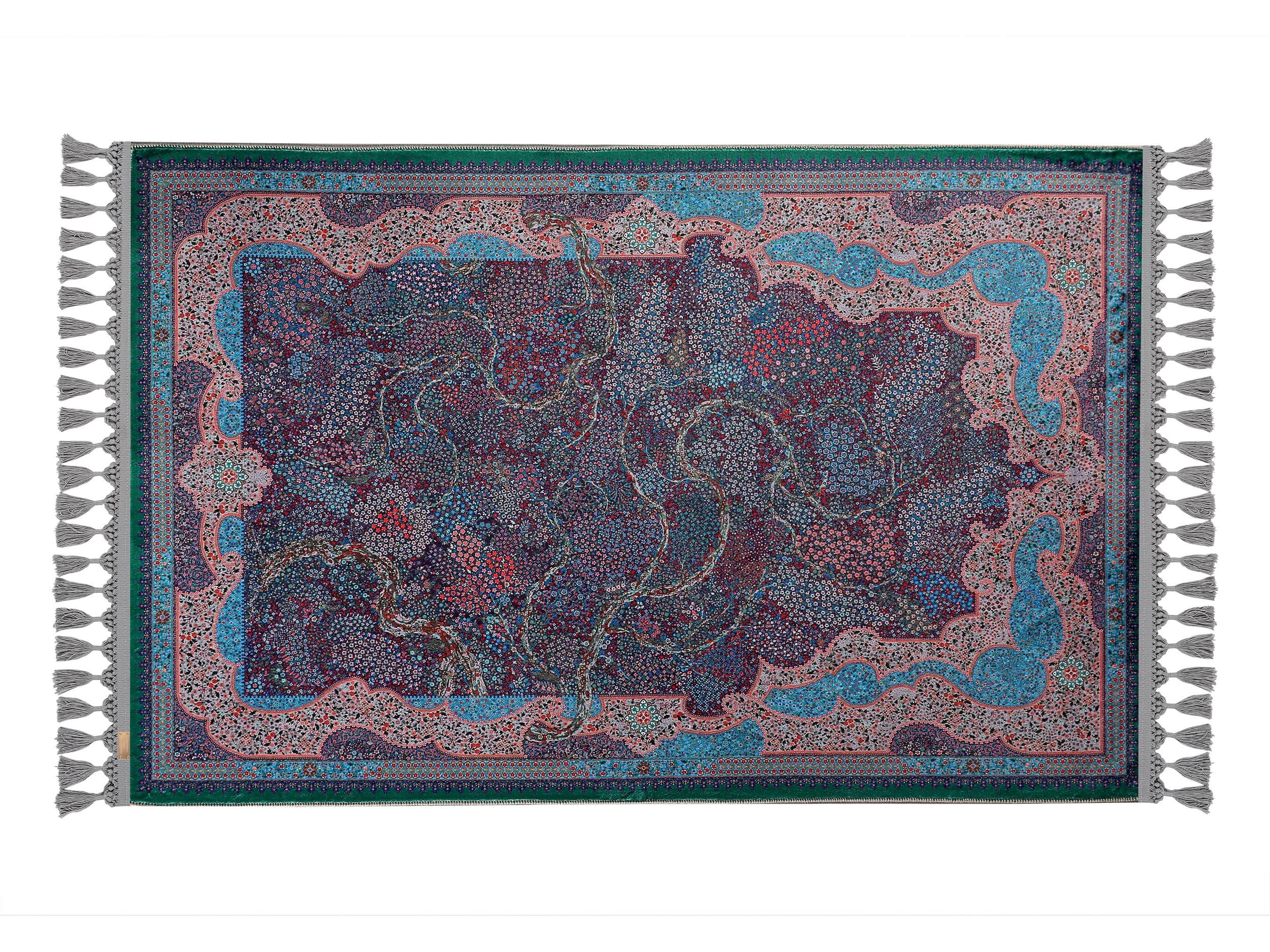 Turkish prayer rug with a dark blue, green, and yellow Tree of Life mihrab design, made of soft cotton woven base with non-slip backing. Measures 80x125 cm (31.5"x49.2"), 7 mm thick, and weighs 1.738 kg. Inspired by Islamic symbolism and Ottoman garden motifs, it showcases elegant style with hand-knotted fringes. Ideal for daily prayers at home, travel, or mosque. A meaningful gift for weddings, Ramadan, Eid, or Hajj. Optional name personalization and custom sizing available.