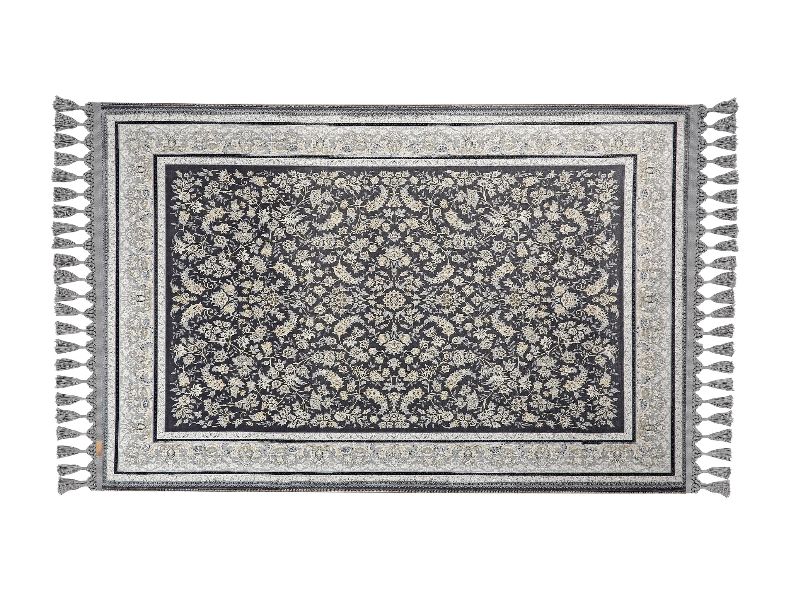 Turkish prayer rug with a grey floral bordered design, made of soft cotton woven base with non-slip backing. Measures 80x125 cm (31.5"x49.2"), 7 mm thick, and weighs 1.738 kg. Inspired by Islamic floral motifs and elegant border detailing, it showcases refined style with hand-knotted fringes. Ideal for daily prayers at home, travel, or mosque. A meaningful gift for weddings, Ramadan, Eid, or Hajj. Optional name personalization and custom sizing available.