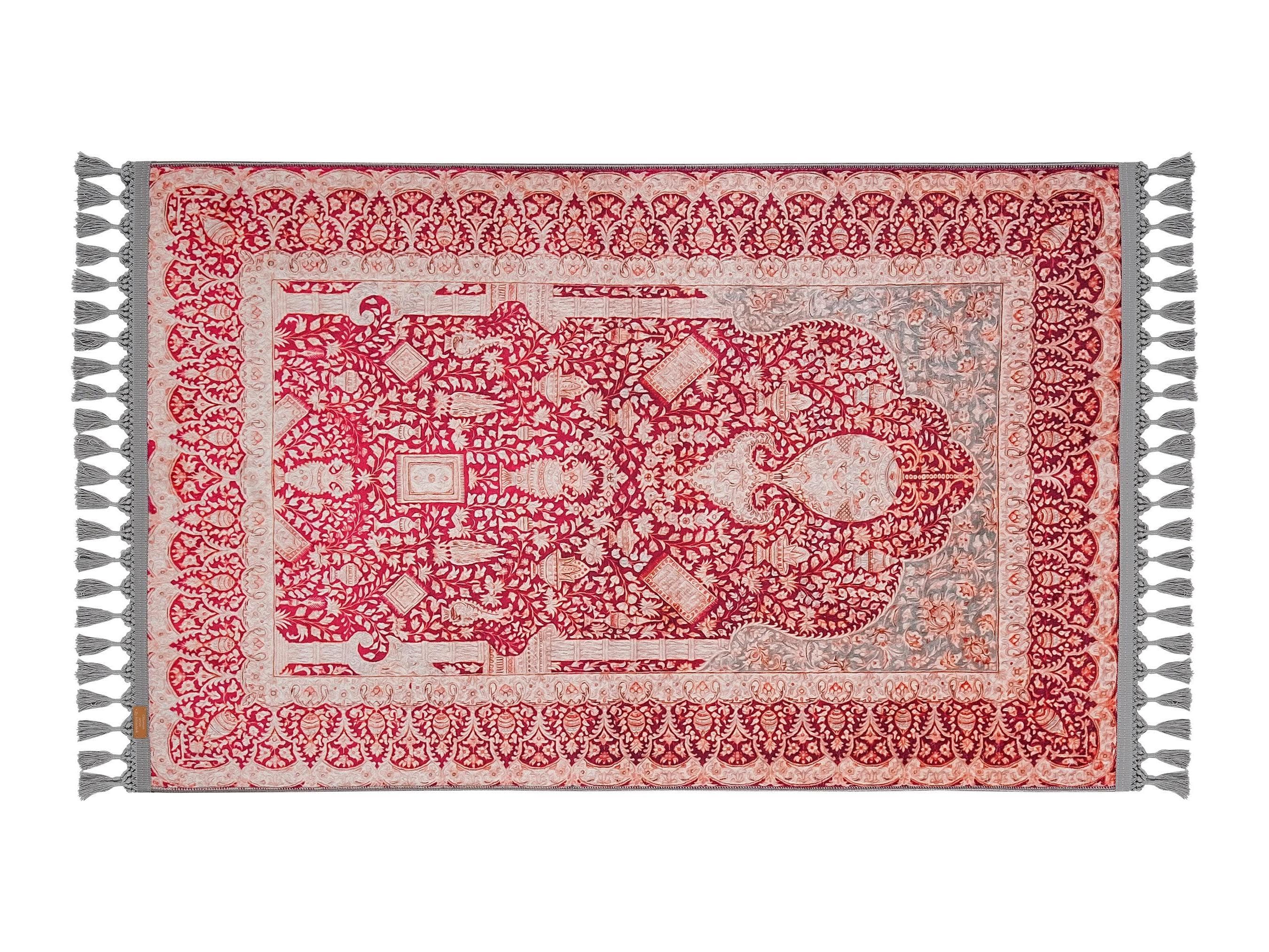 Turkish prayer rug with a red and green floral mihrab design, made of soft cotton woven base with non-slip backing. Measures 80x125 cm (31.5"x49.2"), 7 mm thick, and weighs 1.738 kg. Inspired by Islamic floral motifs and Ottoman prayer niche architecture, it showcases elegant style with hand-knotted fringes. Ideal for daily prayers at home, travel, or mosque. A meaningful gift for weddings, Ramadan, Eid, or Hajj. Optional name personalization and custom sizing available.