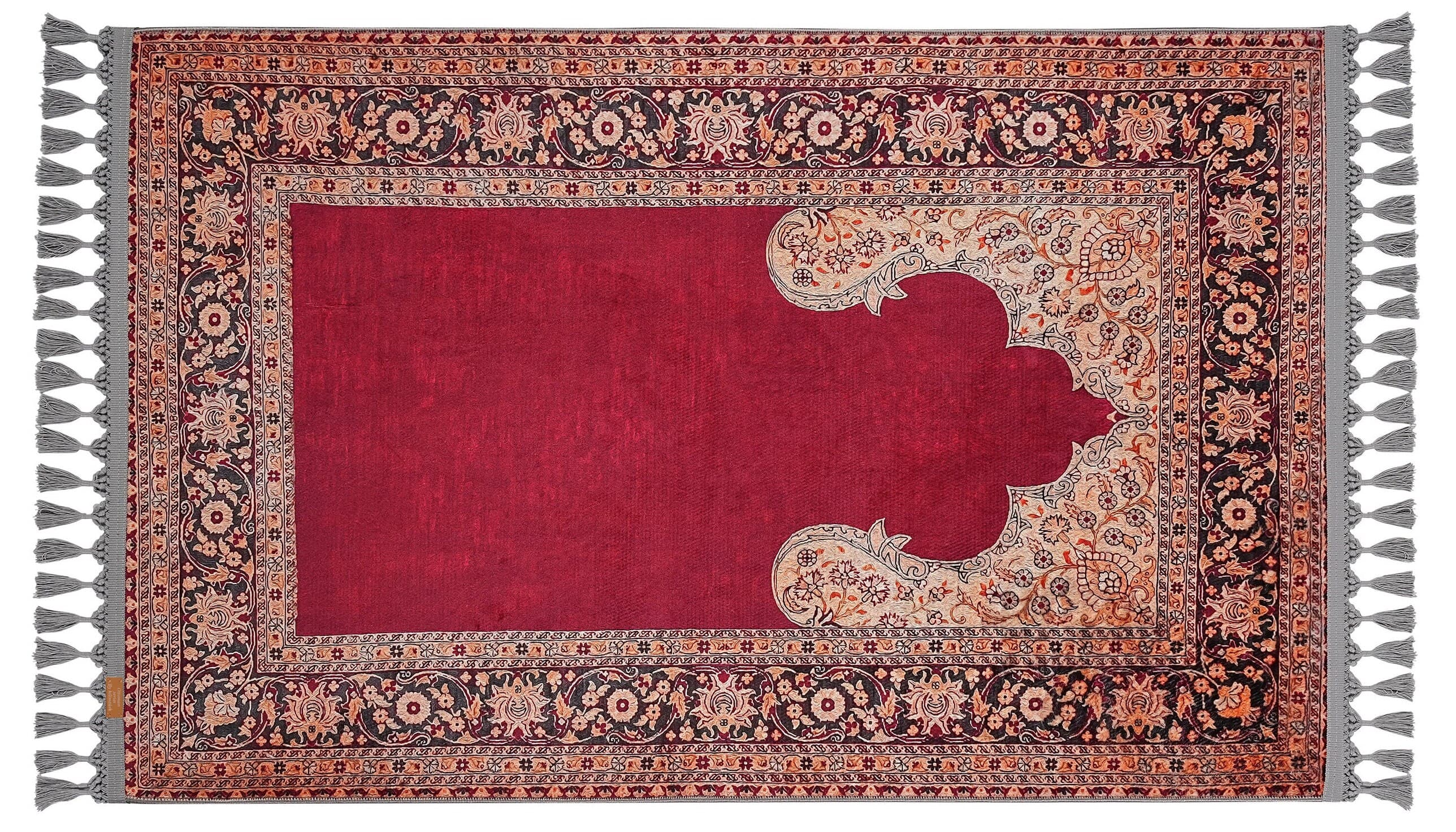 Turkish prayer rug with a red Turkish mihrab design, made of soft cotton woven base with non-slip backing. Measures 80x125 cm (31.5"x49.2"), 7 mm thick, and weighs 1.738 kg. Inspired by traditional Turkish architecture, it showcases elegant Islamic style with hand-knotted fringes. Ideal for daily prayers at home, travel, or mosque. A meaningful gift for weddings, Ramadan, Eid, or Hajj. Optional name personalization and custom sizing available.
