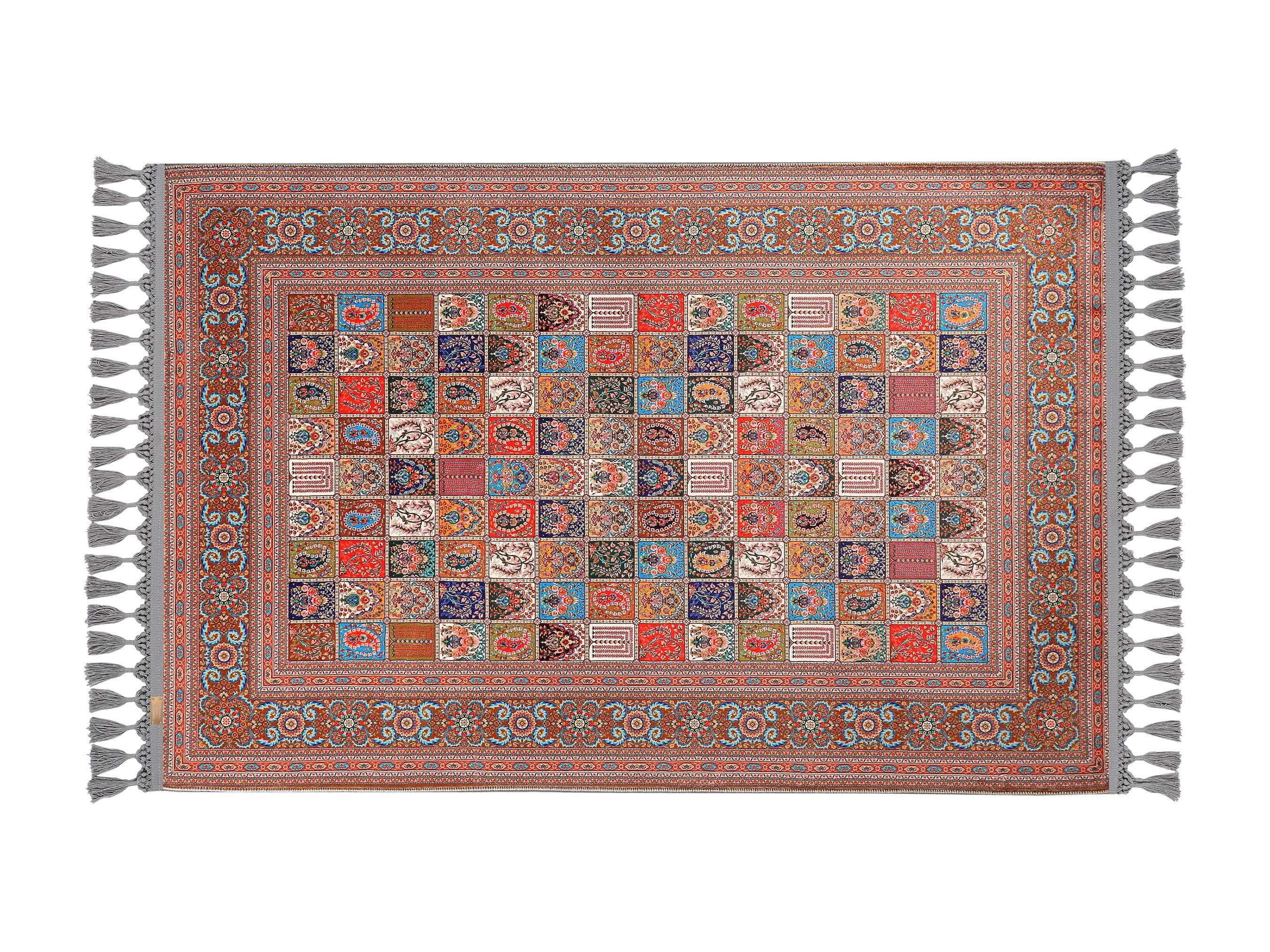 Turkish prayer rug with a multicolor Hereke silk carpet pattern, made of soft cotton woven base with non-slip backing. Measures 80x125 cm (31.5"x49.2"), 7 mm thick, and weighs 1.738 kg. Inspired by classical Hereke designs, known for intricate floral and medallion motifs. It showcases elegant Islamic style with hand-knotted fringes. Ideal for daily prayers at home, travel, or mosque. A meaningful gift for weddings, Ramadan, Eid, or Hajj. Optional name personalization and custom sizing available