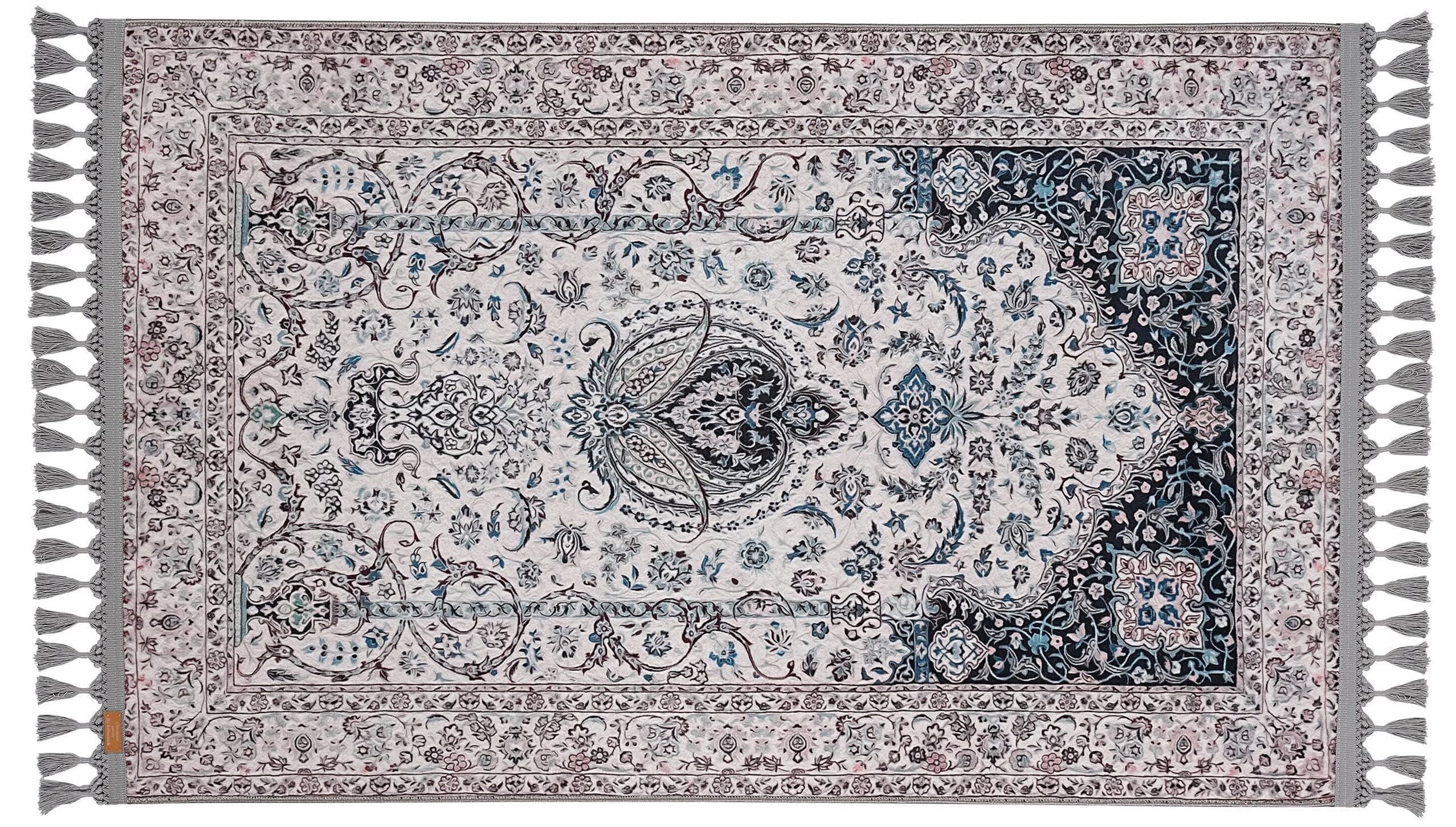 Turkish prayer rug with a beige and dark blue mihrab design, made of soft cotton woven base with non-slip backing. Soft texture. Measures 80x125 cm (31.5"x49.2"), 7 mm thick, and weighs 1.738 kg. Reflects elegant Islamic style with hand-knotted fringes. Ideal for daily prayers at home, travel, or mosque. A meaningful Islamic gift — suitable for weddings, Ramadan, Eid, or Hajj. Optional name printing and custom sizing available.