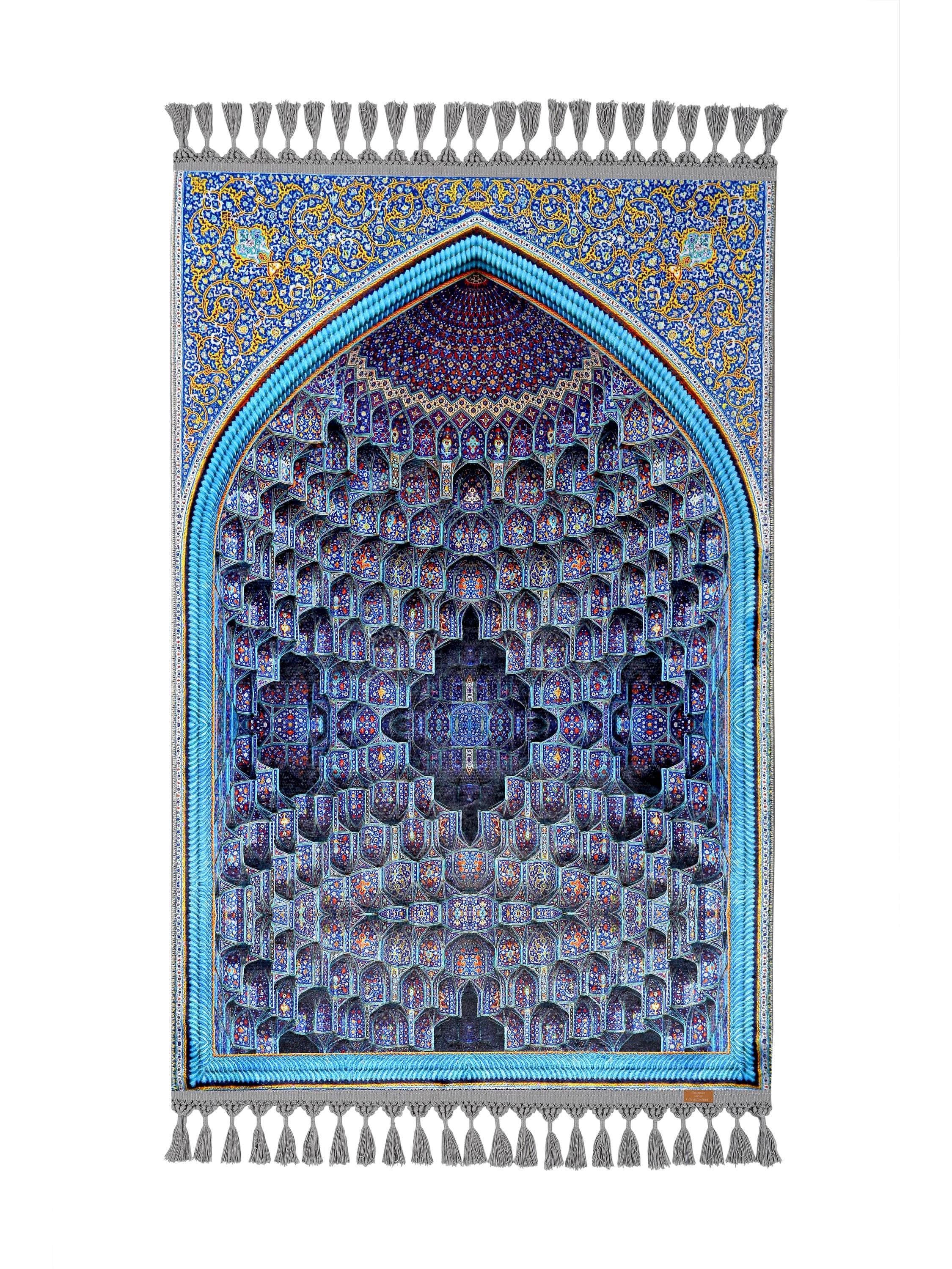 Personalised Prayer Mat - Blue Silky Soft Turkish Prayer Rug - Custom Islamic Gift