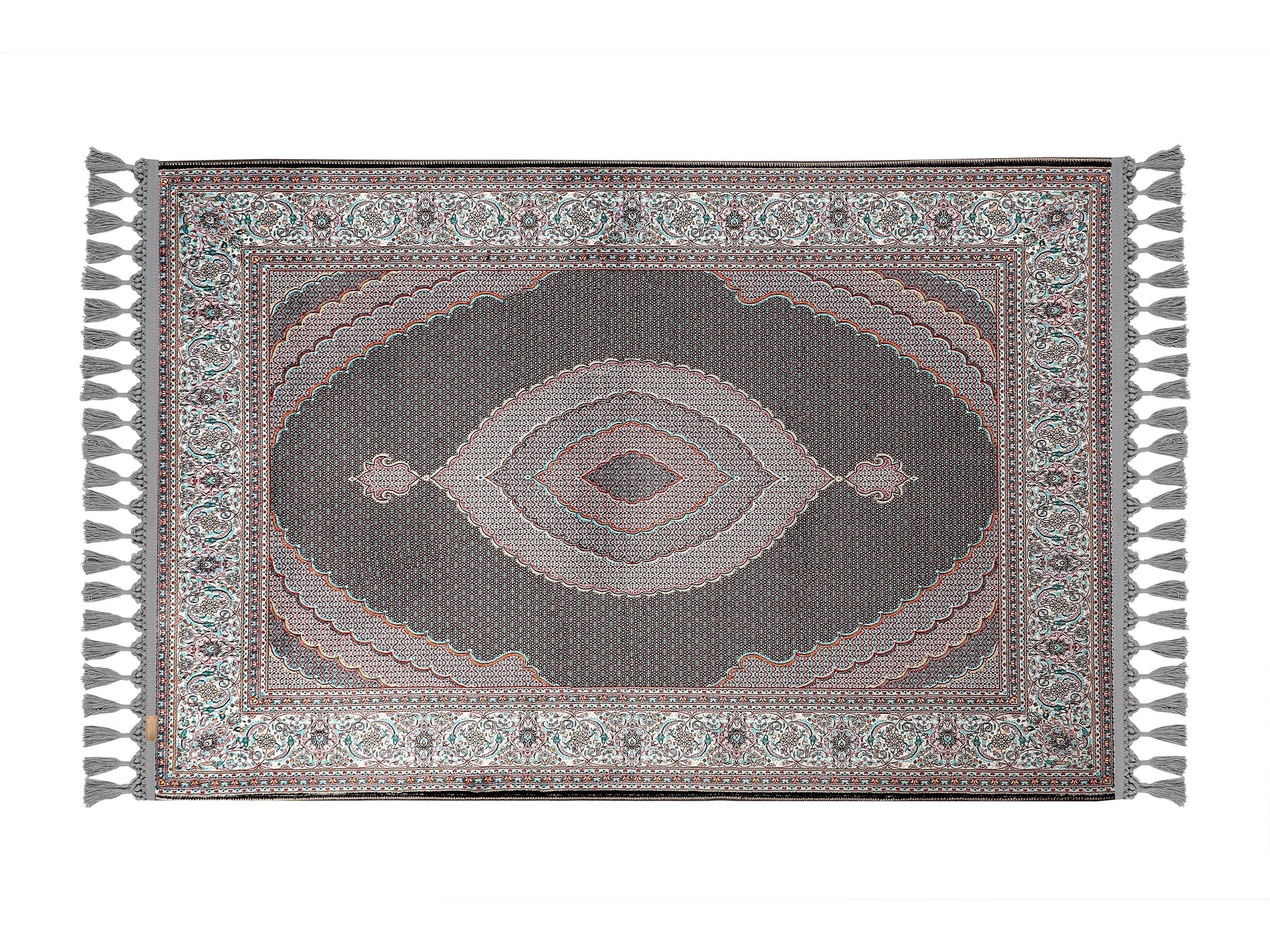 Turkish prayer rug with a beige and coffee brown Turkish medallion design, made of soft cotton woven base with non-slip backing. Measures 80x125 cm (31.5"x49.2"), 7 mm thick, and weighs 1.738 kg. Inspired by traditional Turkish carpet motifs, it showcases elegant Islamic style with hand-knotted fringes. Ideal for daily prayers at home, travel, or mosque. A meaningful gift for weddings, Ramadan, Eid, or Hajj. Optional name personalization and custom sizing available.