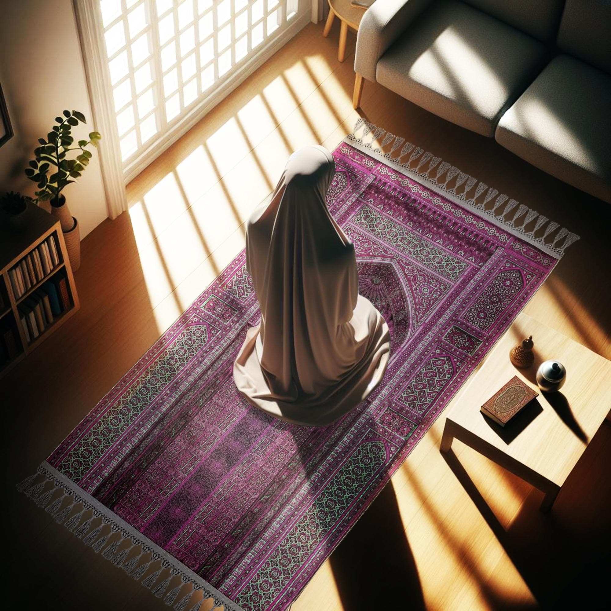 Prayer Mat Purple Ottoman Mihrab Islamic Muslim Gift Gebetsteppich Soft Silky Surface Prayer Rug - image 5