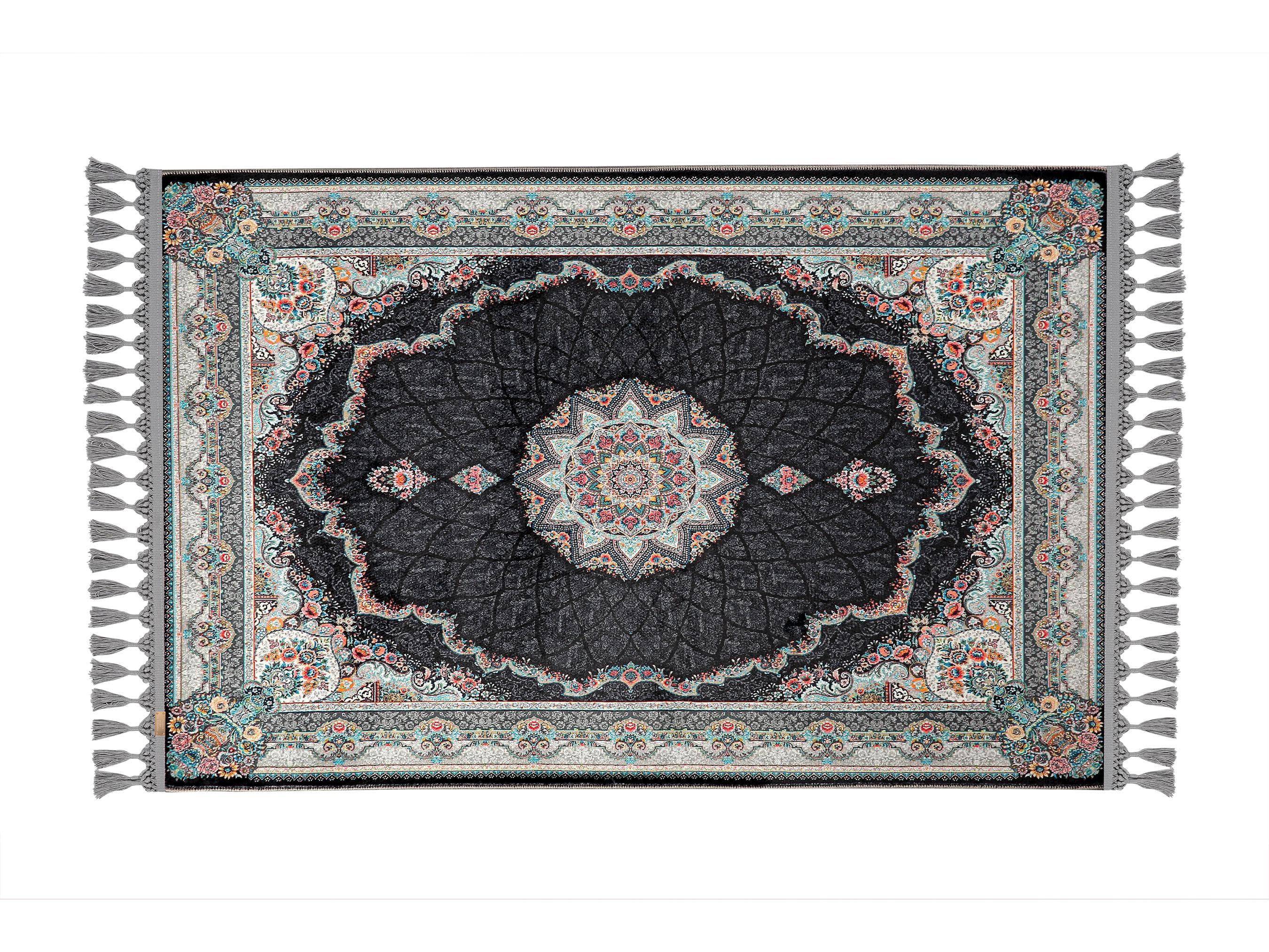 Turkish prayer rug with a black and blue medallion design, made of soft cotton woven base with non-slip backing. Measures 80x125 cm (31.5"x49.2"), 7 mm thick, and weighs 1.738 kg. Inspired by traditional Turkish carpet motifs, it showcases elegant Islamic style with hand-knotted fringes. Ideal for daily prayers at home, travel, or mosque. A meaningful gift for weddings, Ramadan, Eid, or Hajj. Optional name personalization and custom sizing available.