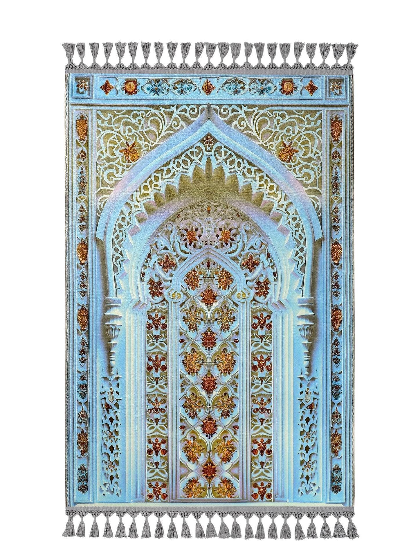 Blue Prayer Mat | Turkish Mihrab | Luxury Bamboo Silk Touch | Personalized Prayer Rug