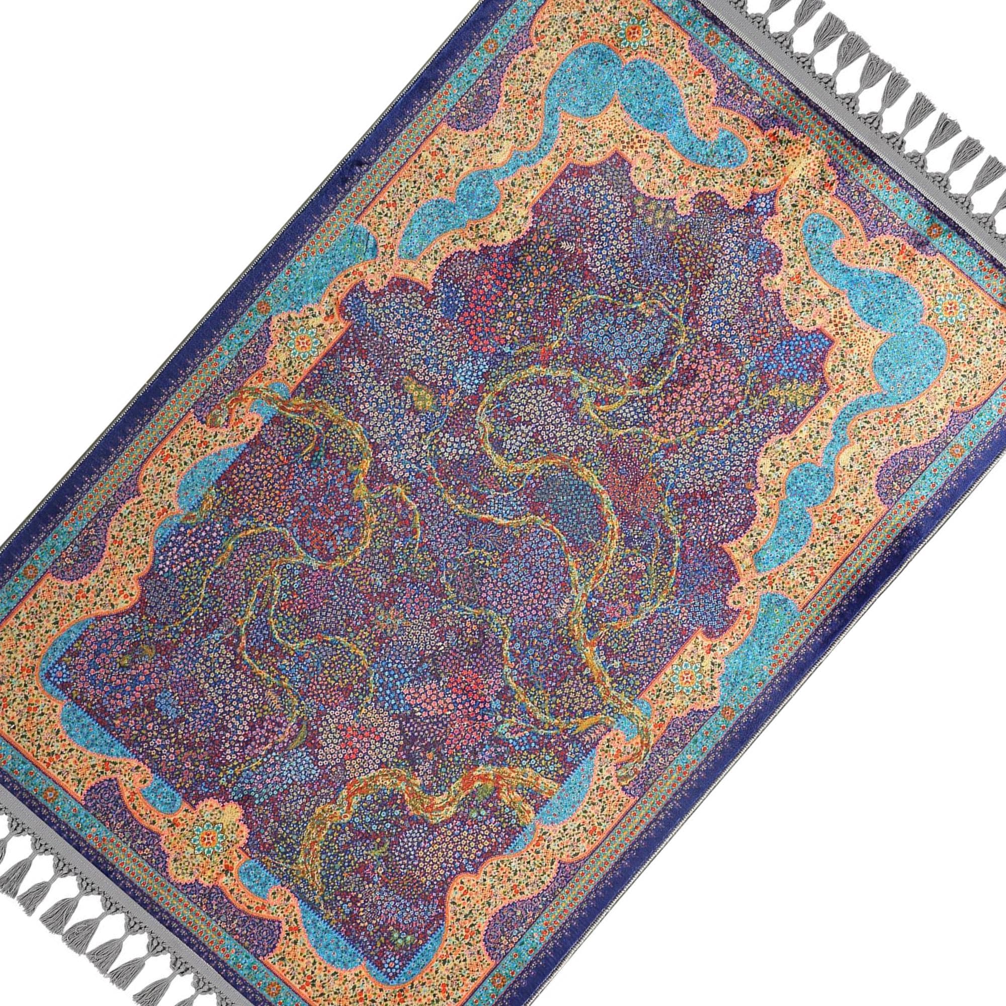 Turkish prayer rug with a dark blue and yellow Tree of Life mihrab design, made of soft cotton woven base with non-slip backing. Measures 80x125 cm (31.5"x49.2"), 7 mm thick, and weighs 1.738 kg. Inspired by Islamic symbolism of growth and unity, it showcases elegant style with hand-knotted fringes. Ideal for daily prayers at home, travel, or mosque. A meaningful gift for weddings, Ramadan, Eid, or Hajj. Optional name personalization and custom sizing available.