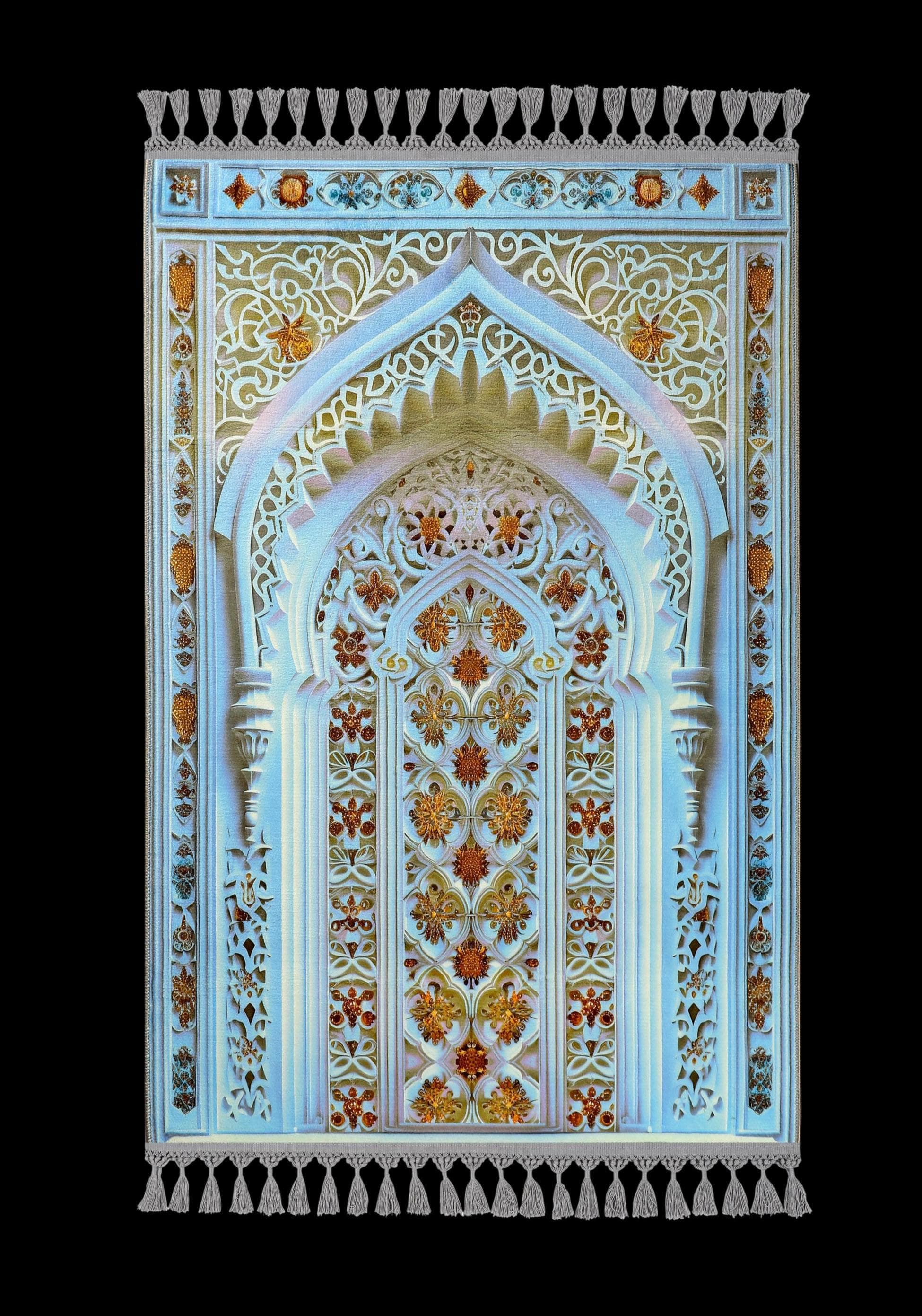 Turkish prayer rug with a blue mihrab design, made of soft cotton woven base with non-slip backing. Measures 80x125 cm (31.5"x49.2"), 7 mm thick, and weighs 1.738 kg. Inspired by Islamic architectural motifs, it showcases elegant style with hand-knotted fringes. Ideal for daily prayers at home, travel, or mosque. A meaningful gift for weddings, Ramadan, Eid, or Hajj. Optional name personalization and custom sizing available.