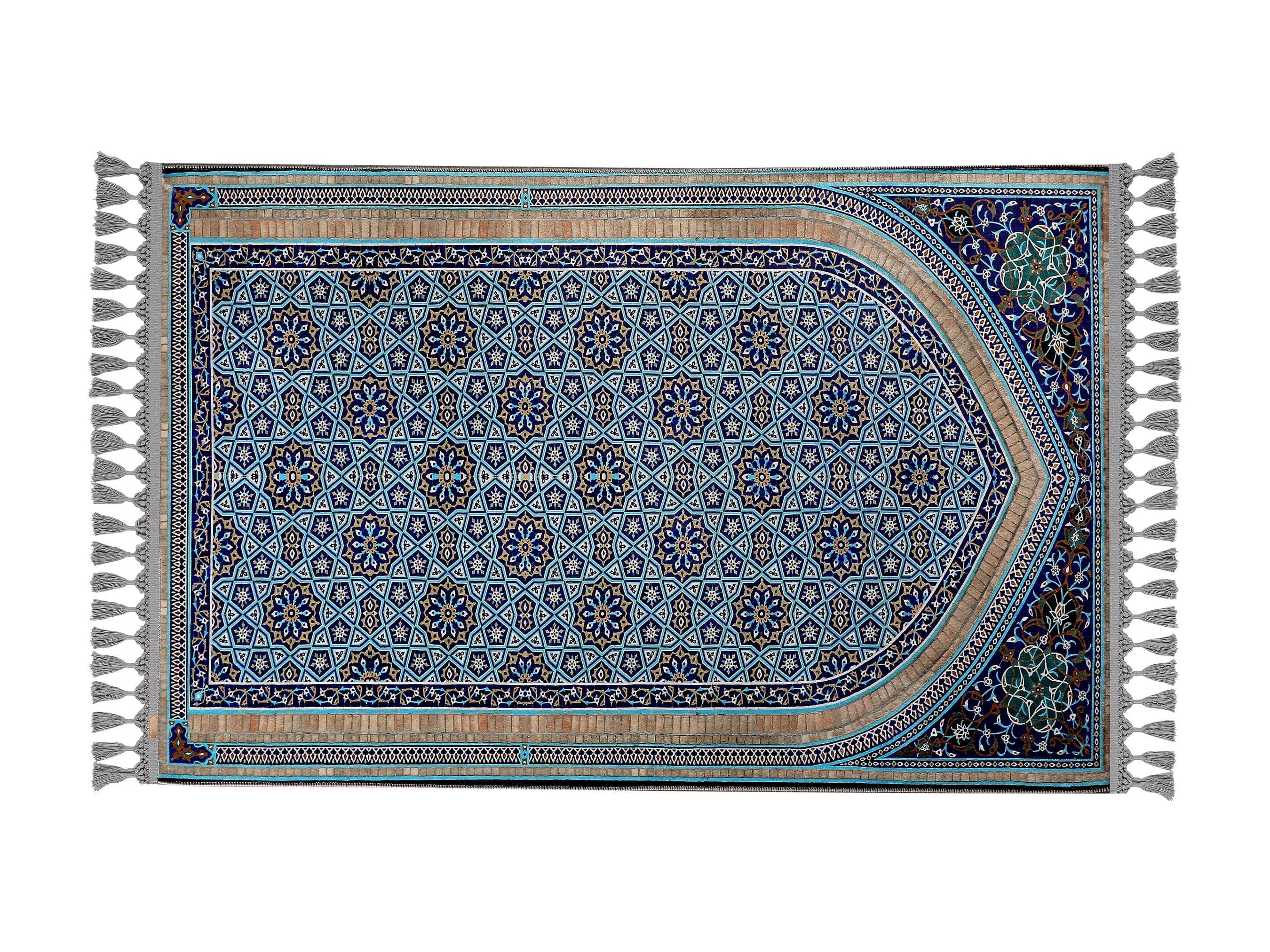 Turkish prayer rug with a blue Ottoman mihrab design, made of soft cotton woven base with non-slip backing. Measures 80x125 cm (31.5"x49.2"), 7 mm thick, and weighs 1.738 kg. Inspired by classical Ottoman architecture, it showcases elegant Islamic style with hand-knotted fringes. Ideal for daily prayers at home, travel, or mosque. A meaningful gift for weddings, Ramadan, Eid, or Hajj. Optional name personalization and custom sizing available.