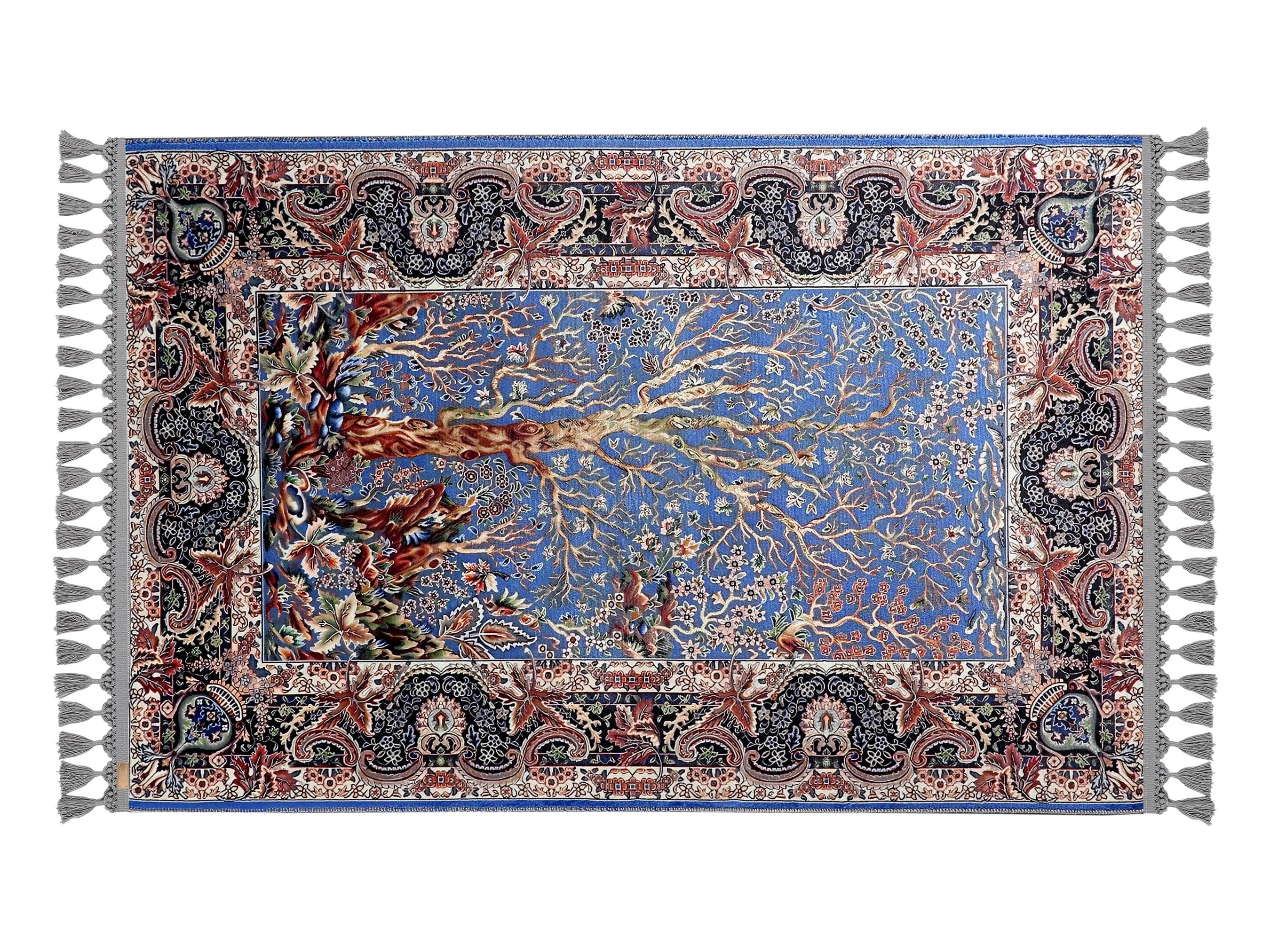 Turkish prayer rug with a Tree of Life motif, featuring a soft cotton woven base and non-slip backing for safe use. Extremely soft texture in blue and brown tones. Measures 80x125 cm (31.5"x49.2"), 7 mm thick, and weighs 1.738 kg. Showcases elegant Islamic design with hand-knotted fringes. A perfect Islamic gift for Muslims. Custom name embroidery and bespoke sizing available upon request.
