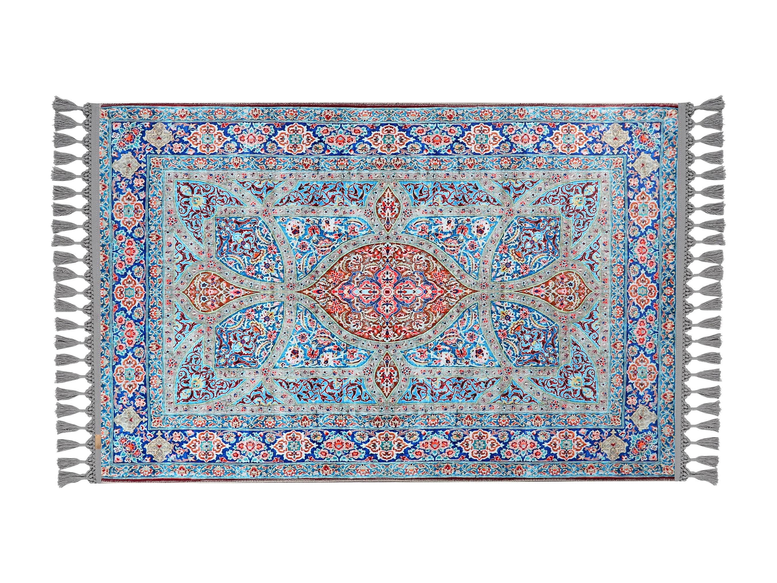 Turkish prayer rug with a blue floral design, made of soft cotton woven base with non-slip backing. Measures 80x125 cm (31.5"x49.2"), 7 mm thick, and weighs 1.738 kg. Inspired by Islamic floral motifs, it showcases elegant style with hand-knotted fringes. Ideal for daily prayers at home, travel, or mosque. A meaningful gift for weddings, Ramadan, Eid, or Hajj. Optional name personalization and custom sizing available.