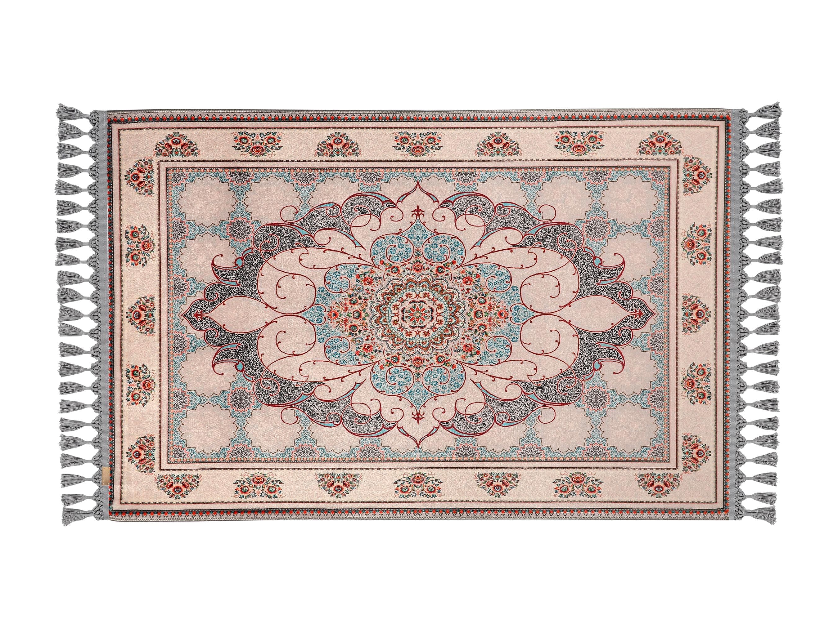 Turkish prayer rug with a beige medallion design, made of soft cotton woven base with non-slip backing. Measures 80x125 cm (31.5"x49.2"), 7 mm thick, and weighs 1.738 kg. Inspired by traditional Turkish carpet motifs, it showcases elegant Islamic style with hand-knotted fringes. Ideal for daily prayers at home, travel, or mosque. A meaningful gift for weddings, Ramadan, Eid, or Hajj. Optional name personalization and custom sizing available.