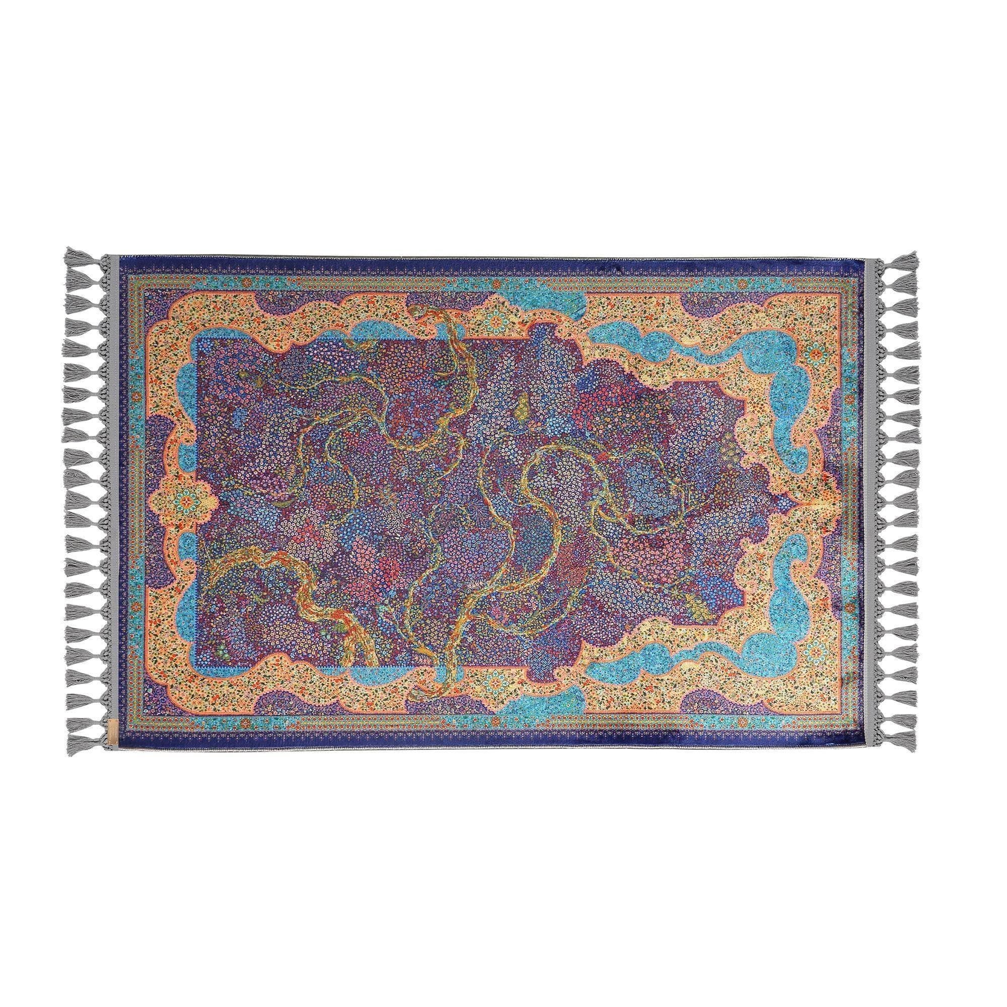 Turkish prayer rug with a dark blue and yellow Tree of Life mihrab design, made of soft cotton woven base with non-slip backing. Measures 80x125 cm (31.5"x49.2"), 7 mm thick, and weighs 1.738 kg. Inspired by Islamic symbolism of growth and unity, it showcases elegant style with hand-knotted fringes. Ideal for daily prayers at home, travel, or mosque. A meaningful gift for weddings, Ramadan, Eid, or Hajj. Optional name personalization and custom sizing available.