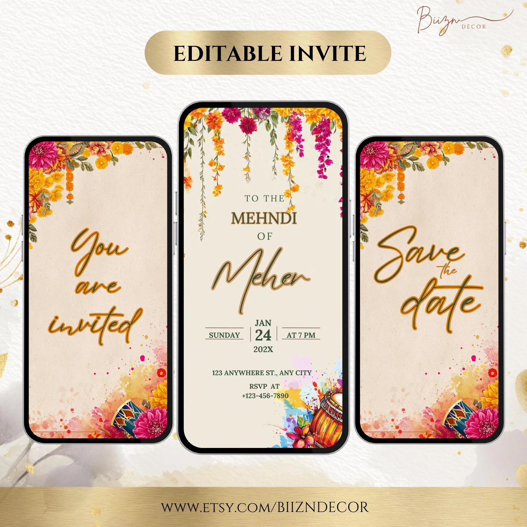 Editable Dholki Mehndi Invitation, Floral Canva Template (Digital Download) - image 3