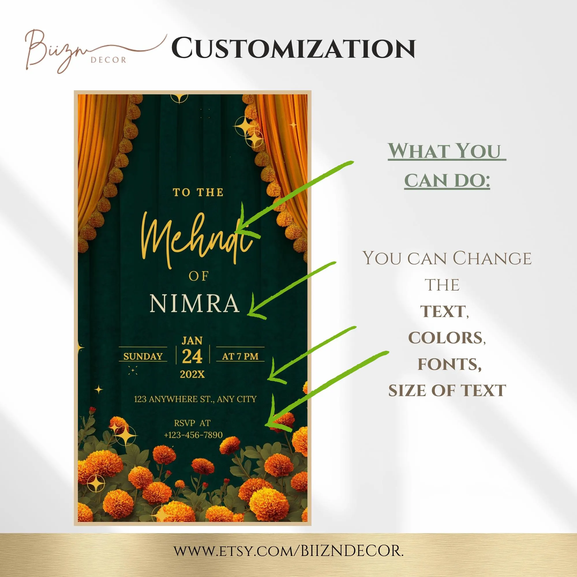 Dark Green & Floral Mehndi Invitation, Dholki Sangeet Haldi Evite, Editable Canva Template - image 2