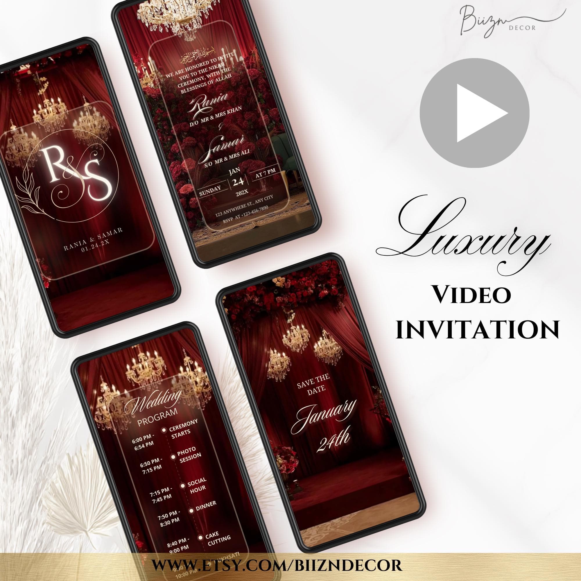 Red Floral Islamic Wedding Invitation Video: Muslim Nikah E-Invite