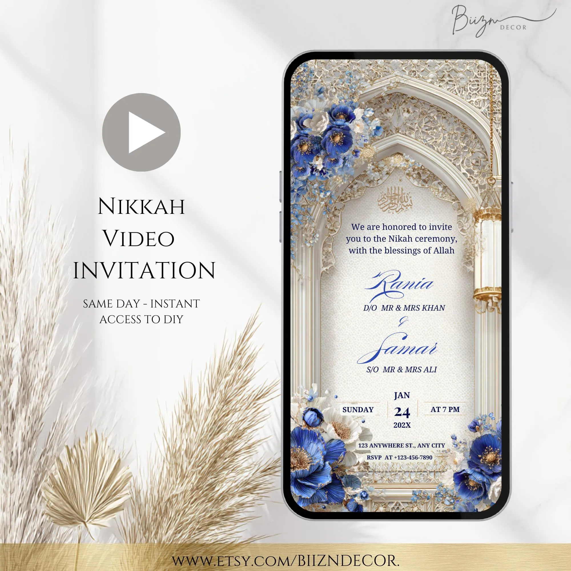 Royal Blue Islamic Wedding Invitation: Nikkah Program Timeline (Digital Template)