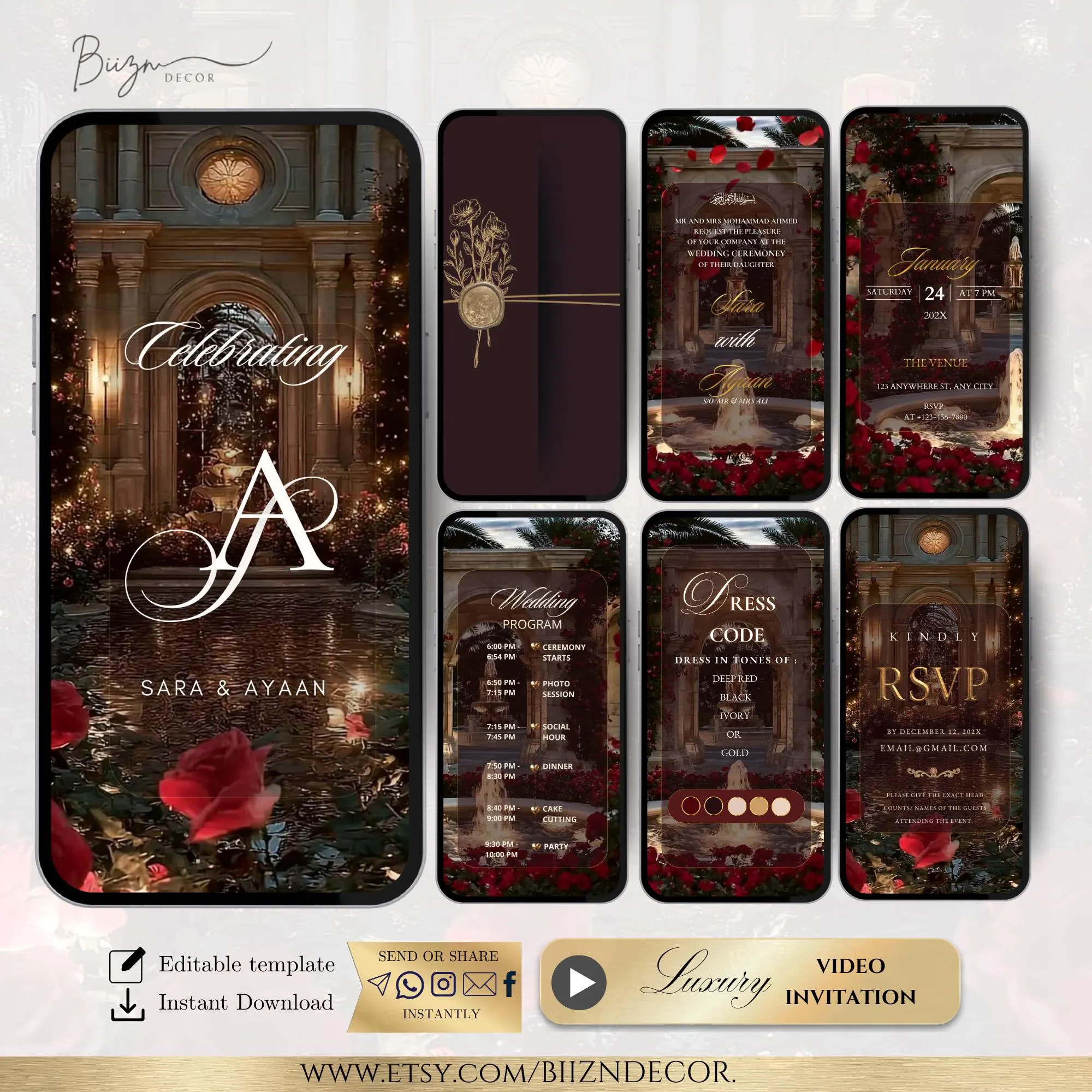 Animated Wedding Invitation, Elegant Red Rose Video, Canva Template (Digital Download) - image 2