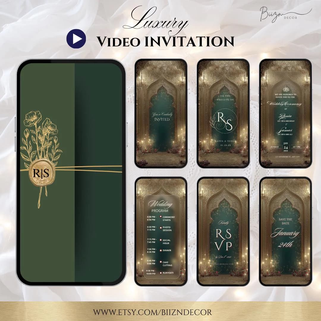 Green & Gold Muslim Wedding Video Invitation: Envelop animation Nikkah, Baraat (Digital Download