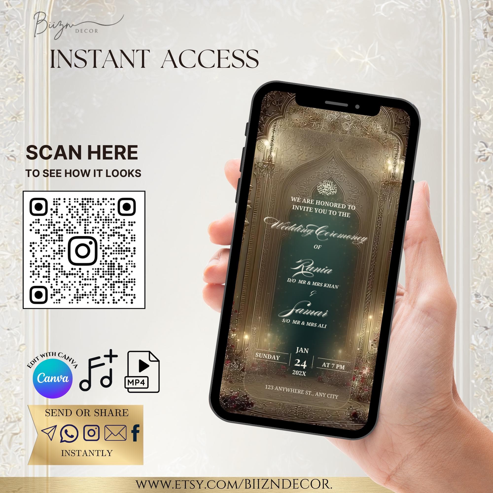Green & Gold Muslim Wedding Video Invitation: Envelop animation Nikkah, Baraat (Digital Download - image 3
