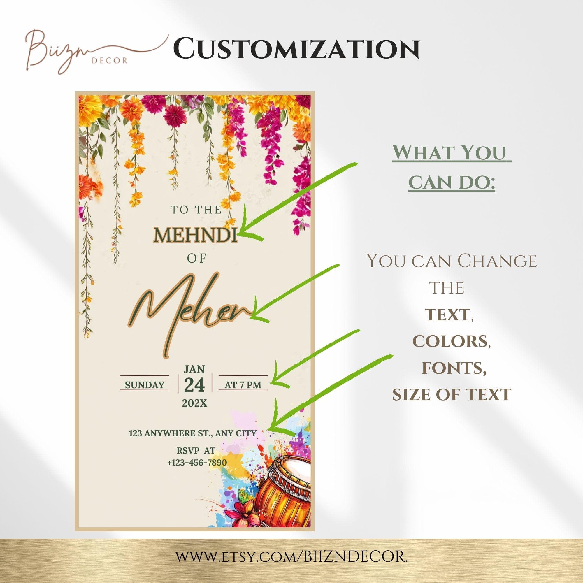 Editable Dholki Mehndi Invitation, Floral Canva Template (Digital Download) - image 4