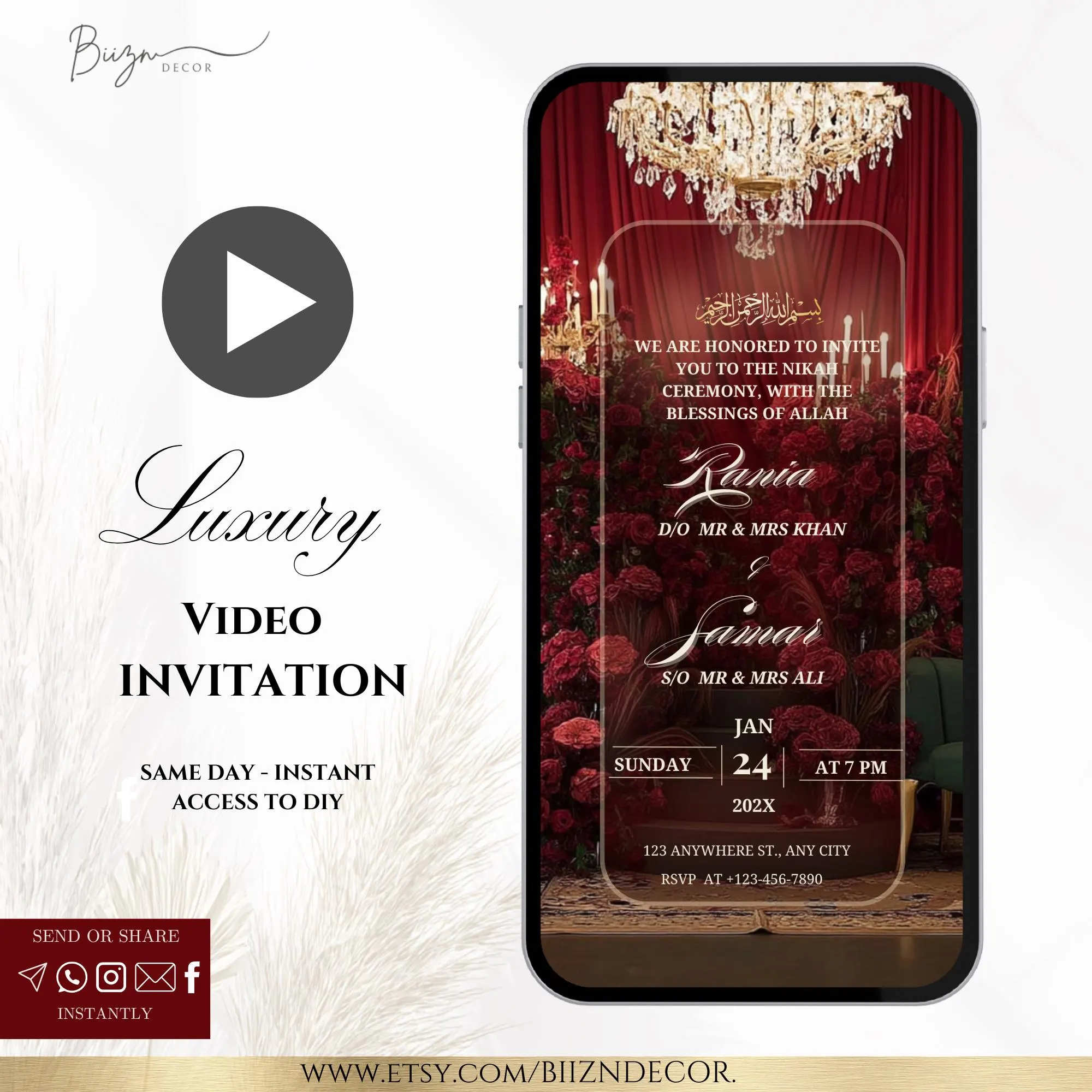 Red Floral Islamic Wedding Invitation Video: Muslim Nikah E-Invite - image 3