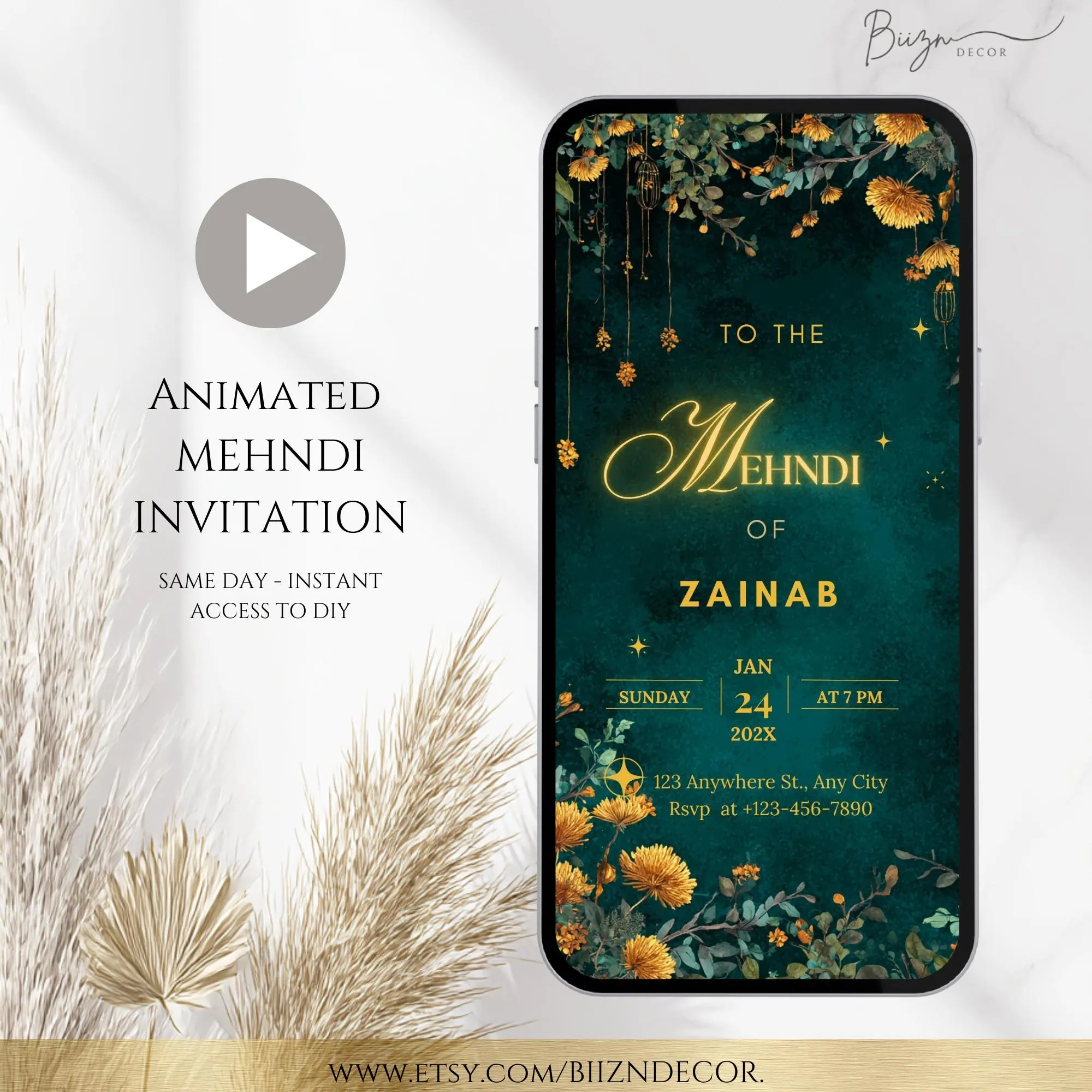 Mehndi Invitation: South Asian Wedding E-Invite, Editable Template (Digital Download