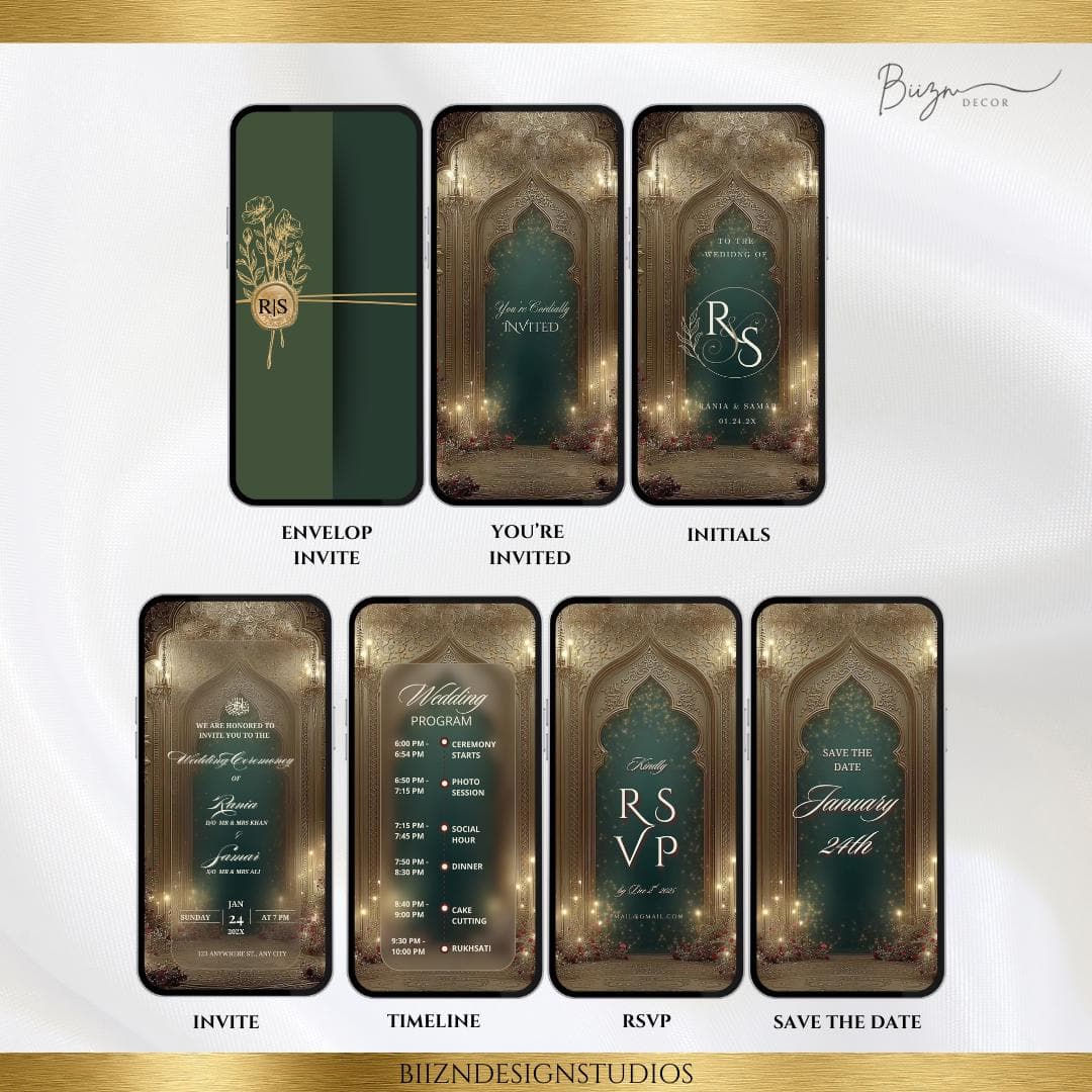 Green & Gold Muslim Wedding Video Invitation: Envelop animation Nikkah, Baraat (Digital Download - image 2