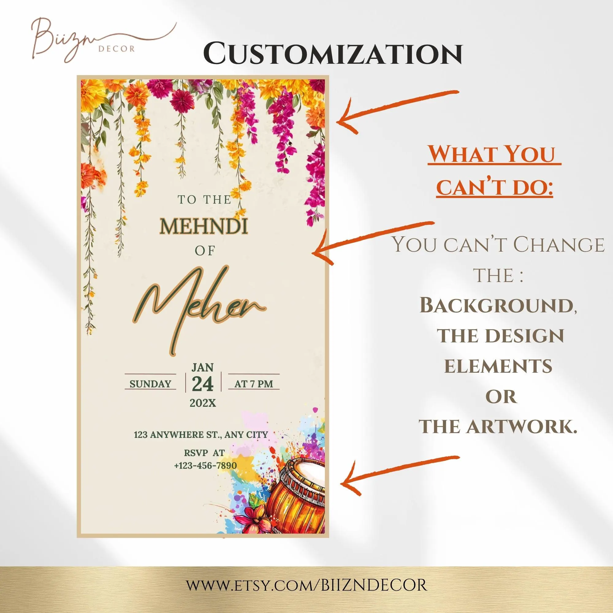 Editable Dholki Mehndi Invitation, Floral Canva Template (Digital Download) - image 5
