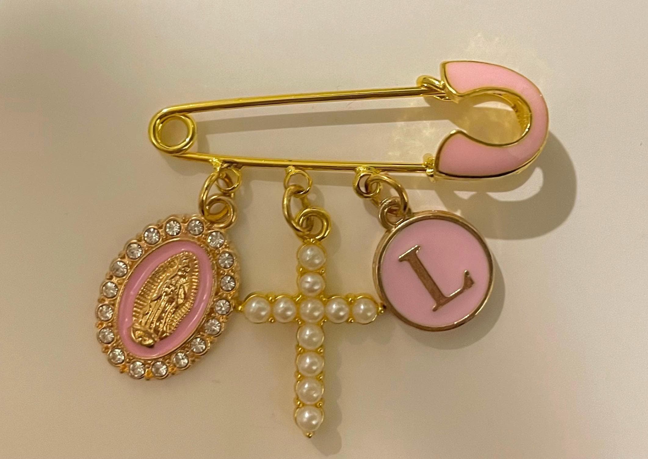 Personalized Baby Pin/Brooche, Virgin Mary Charm, Cross Charm, Name Initial