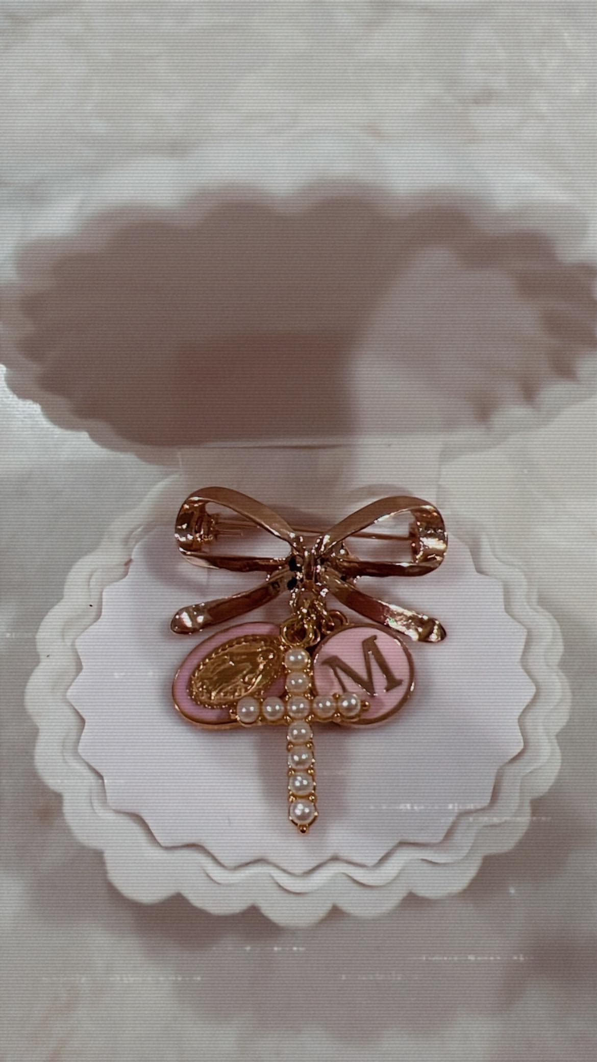 Personalized Gold BowKnot Baby Pin/Brooche, Pearl Cross, Name Initial Charm, Miraculous Medal - image 3