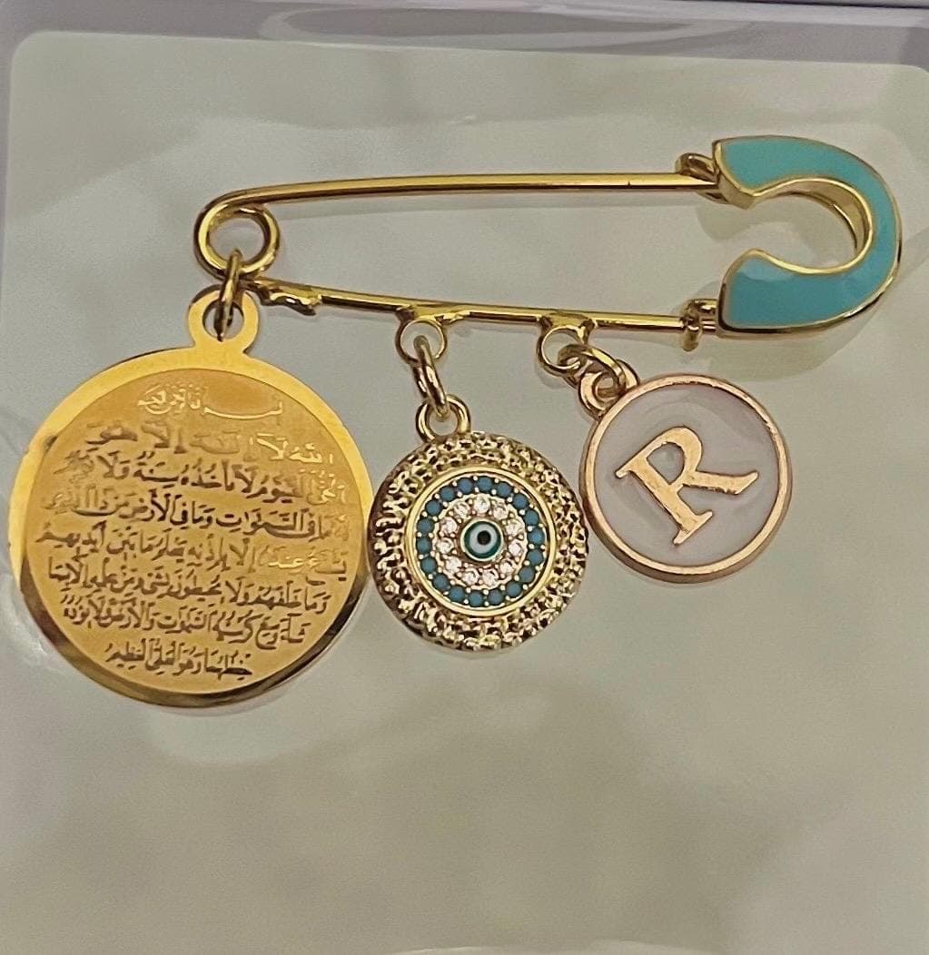Personalized  Baby Pin/Brooche, Islamic Allah Charm, Name Initial Charm, Evil Eye Protection Charm