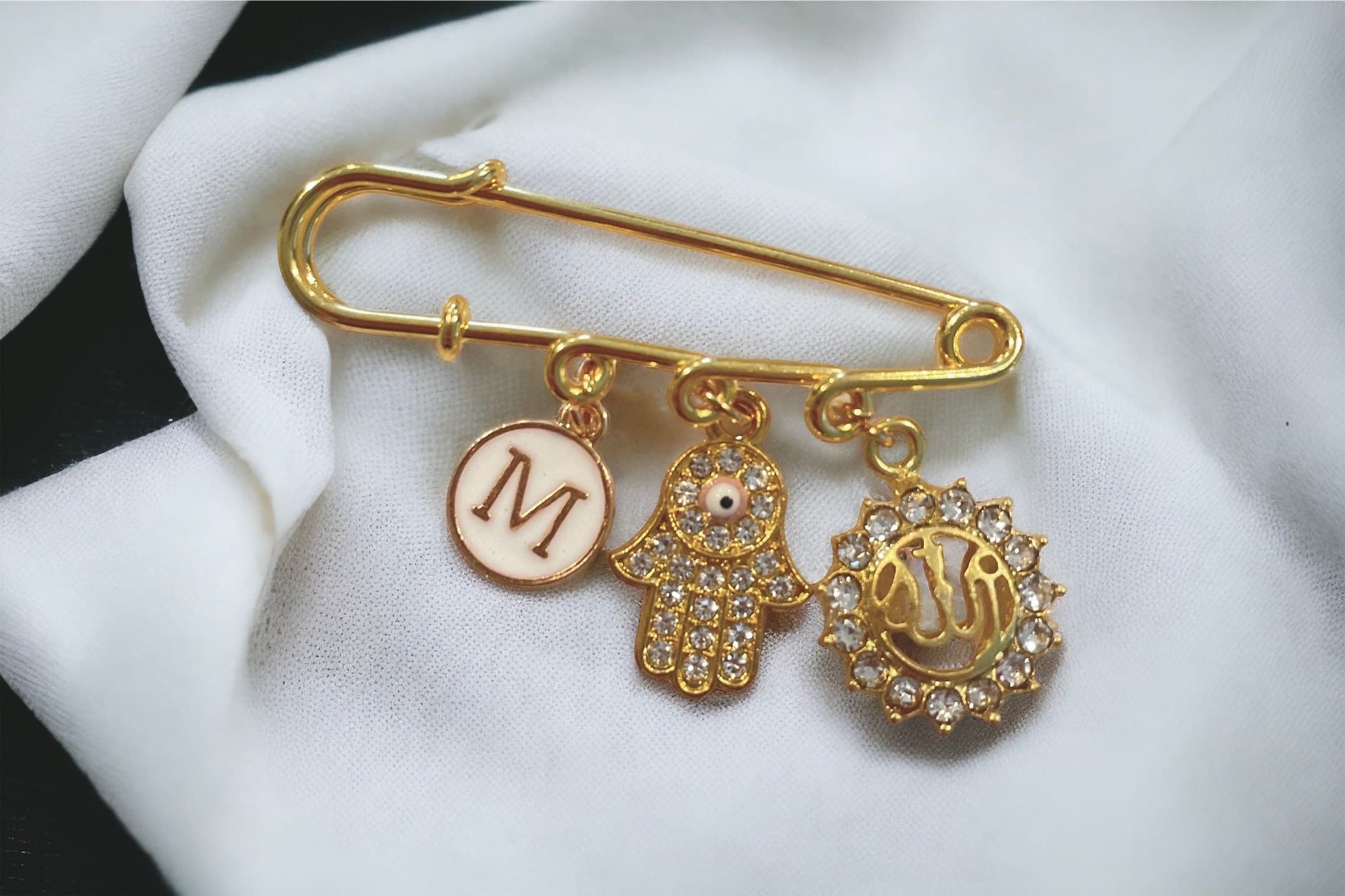 Personalized Baby Pin/Brooche, Hamsa Hand Charm, Allah Charm, Name initial Charm. - image 3