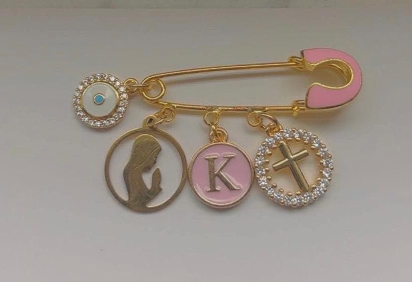 Personalized Baby Pin/Brooche, Virgin Mary, Cross charm,Evil eye charm