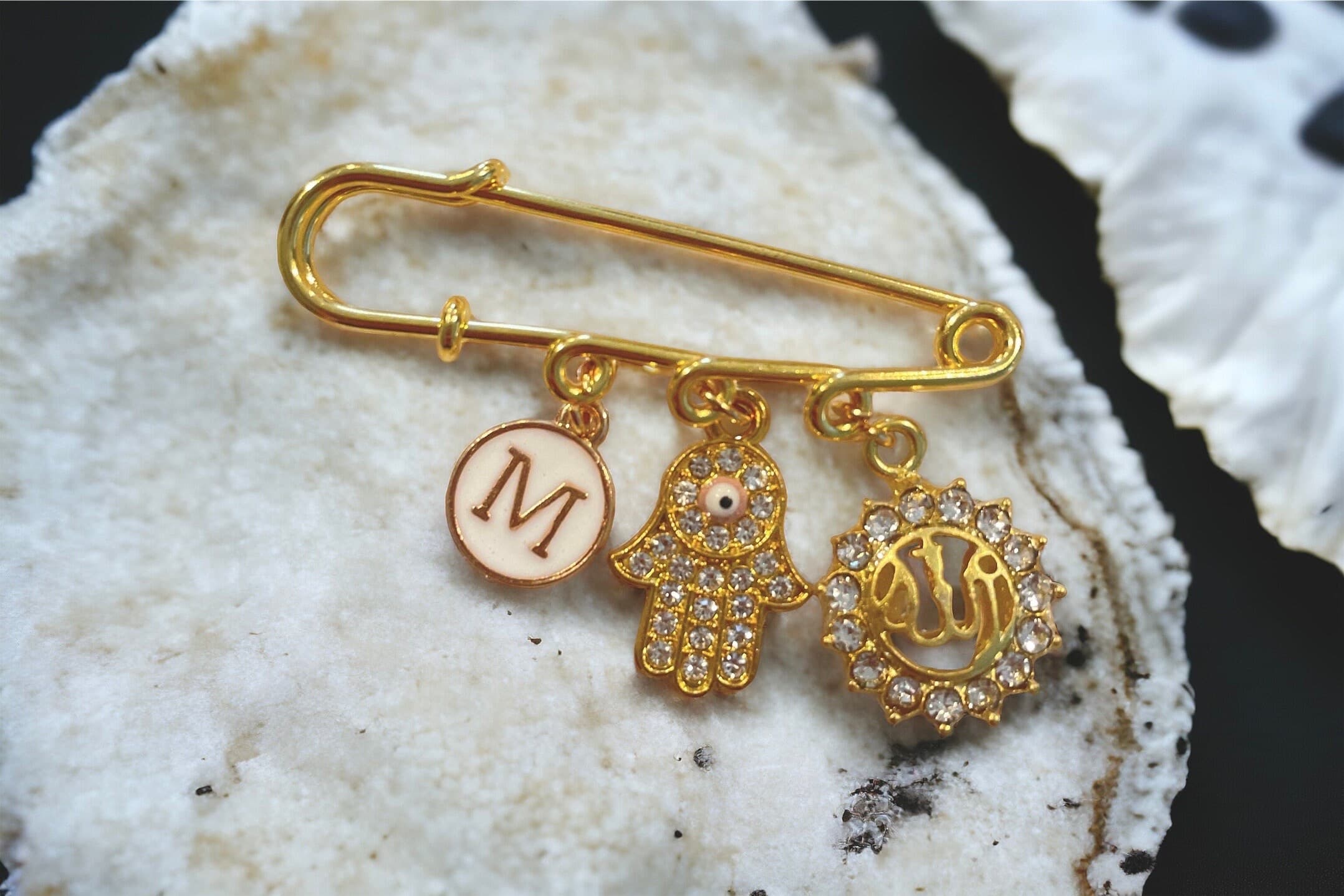 Personalized Baby Pin/Brooche, Hamsa Hand Charm, Allah Charm, Name initial Charm.