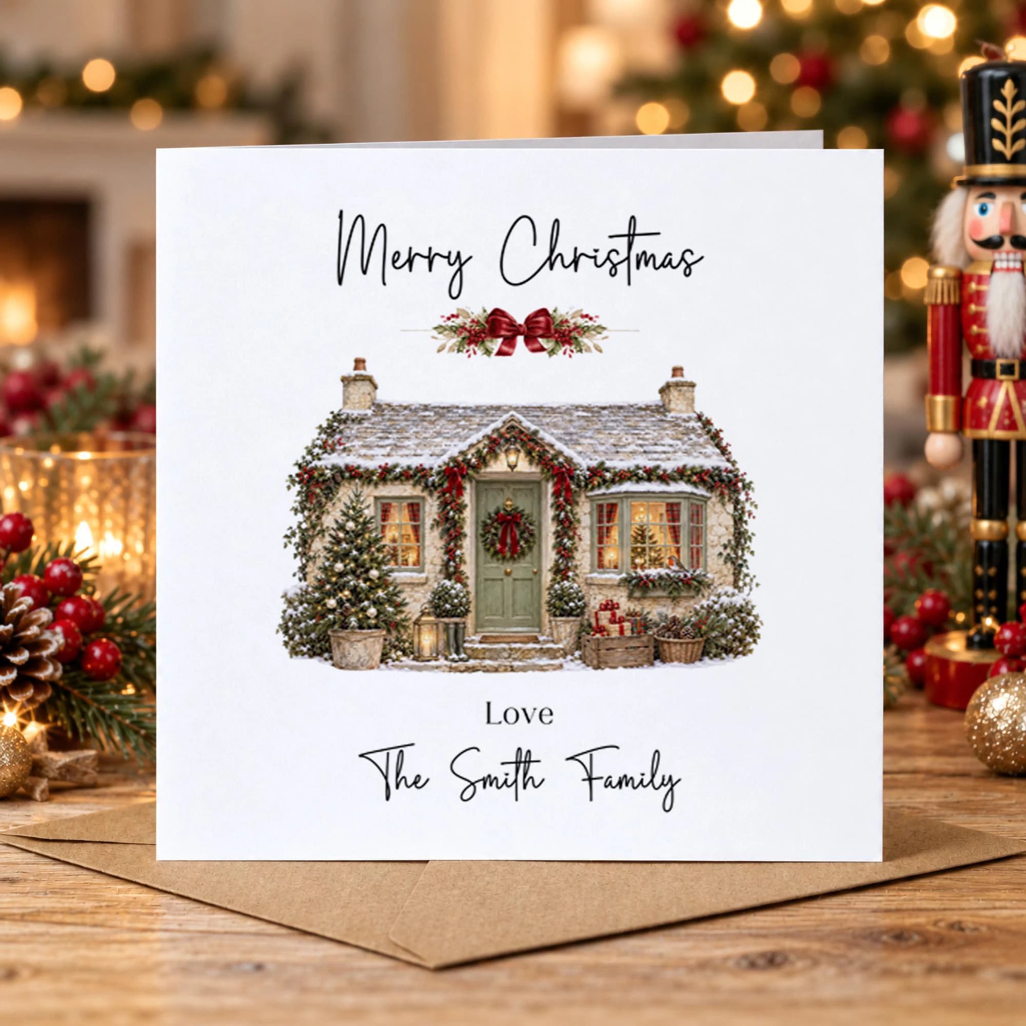 Personalised Family Christmas Card, Christmas Card From Our Family, Custom Family Name Xmas Card, Country Cottage Christmas Card