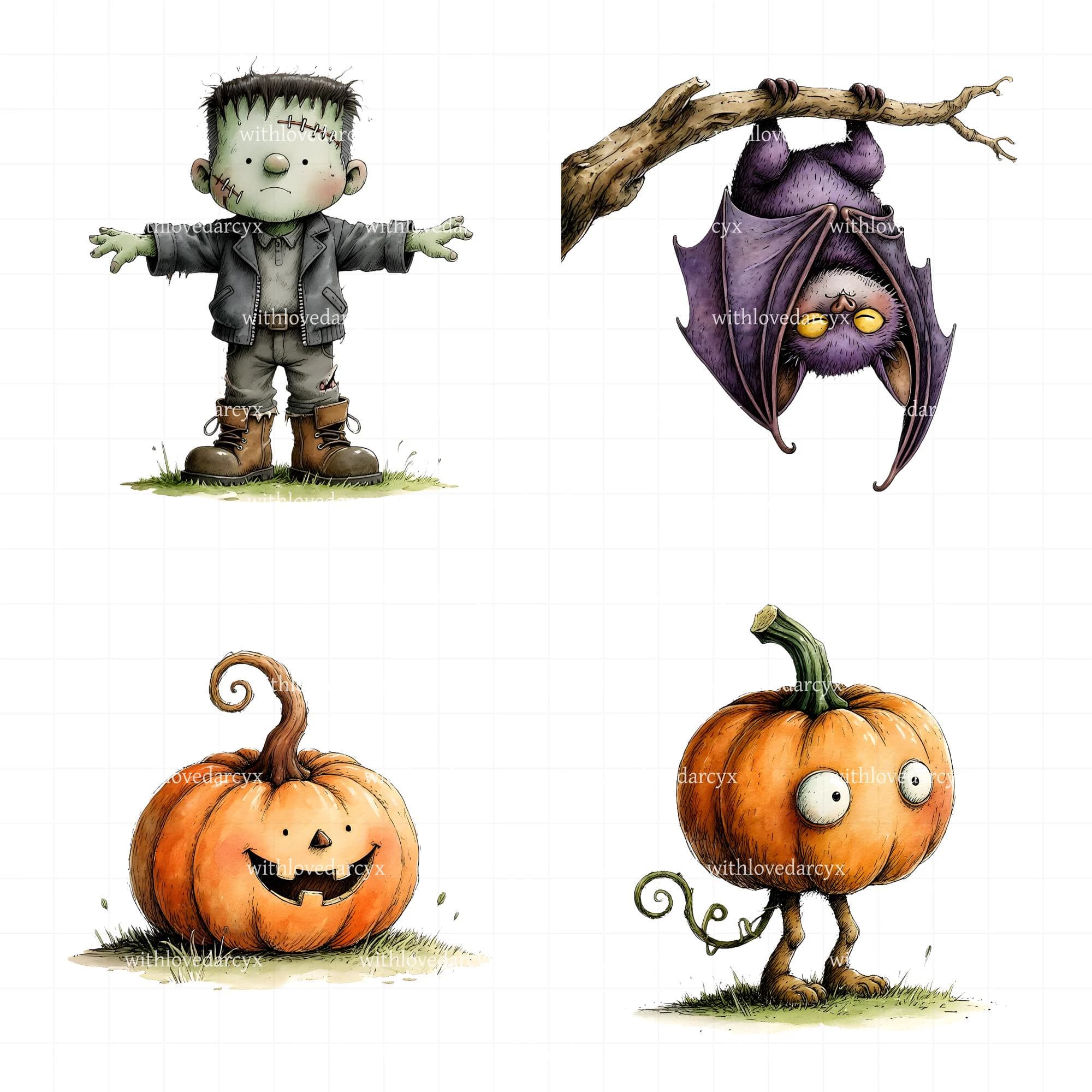 Whimsical Halloween PNG Bundle, 25 Watercolor Halloween Clipart, Pumpkin Frankenstein Ghost Mummy PNG, Stickers, Cards, Party, Sublimation - image 3